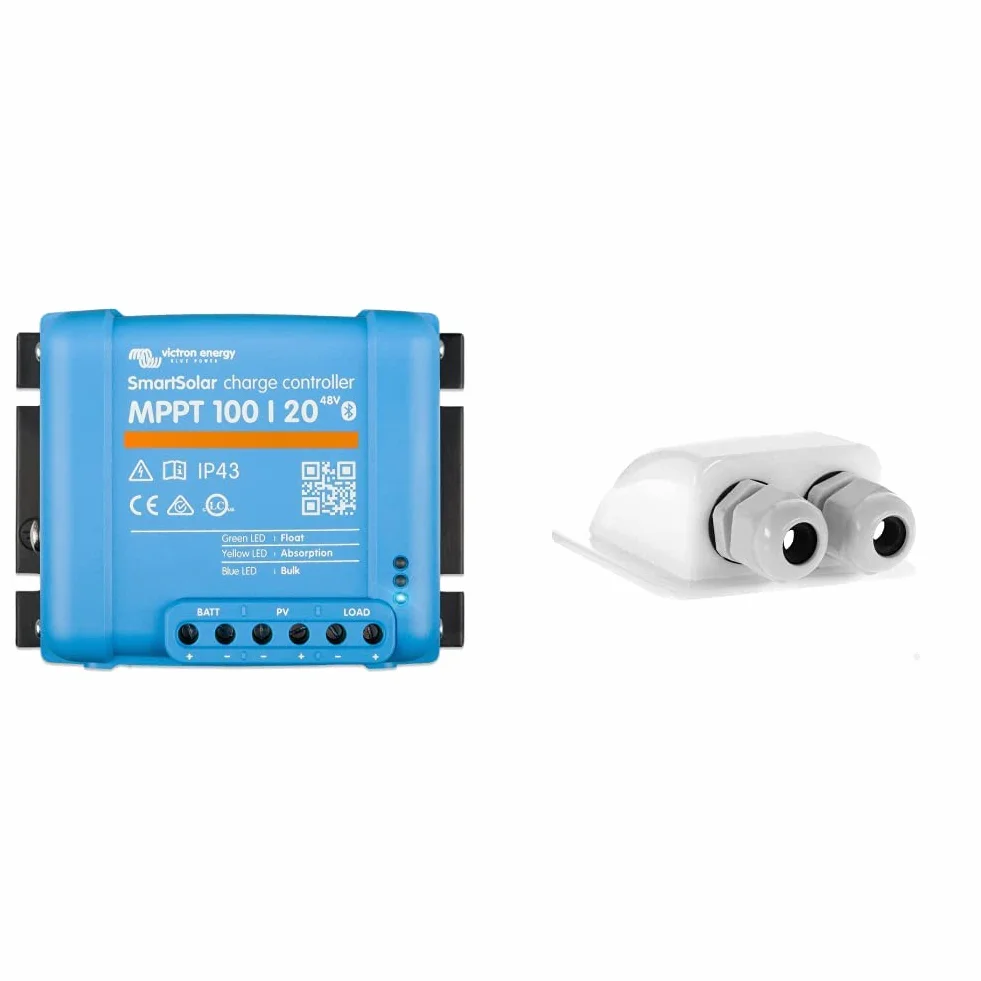 Victron Energy SmartSolar MPPT regolatore di carica 100/20-48 12 V 24 V 48 V 20 A & Offgridtec Pssacavo per tetto a 2 moduli, Bianco, per camper caravan barca solare, passacavo ABS