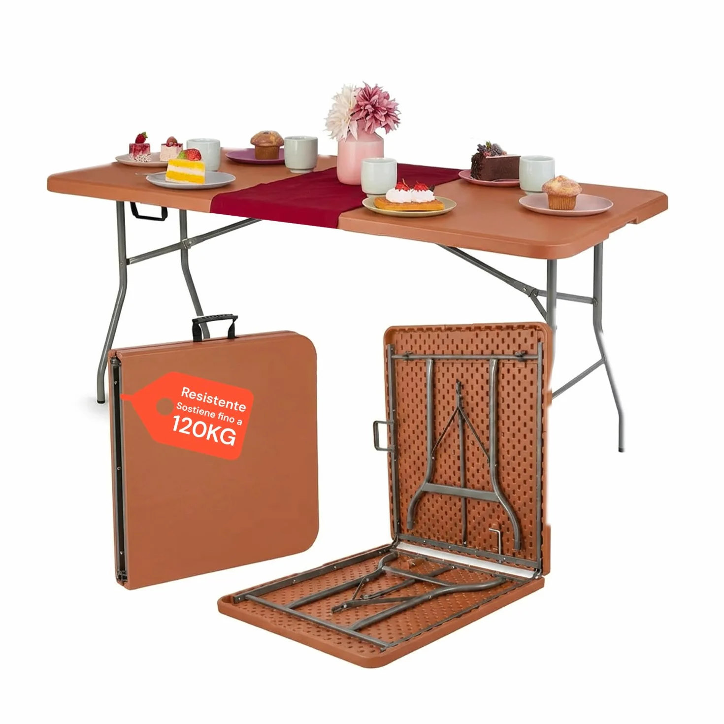 Avilia Tavolo Pieghevole da Pranzo Salvaspazio in HDPE per 6 Persone 180x70x74 cm Marrone