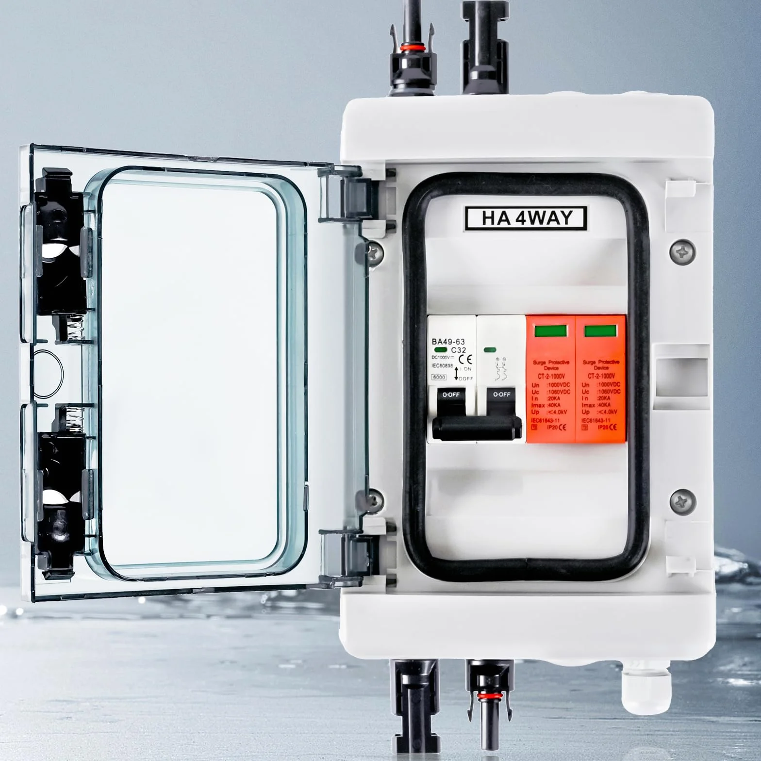 Protezione da sovratensione PV DC 1000 V, interruttore di separazione DC, impianto PV 2P 32A e protezione solare PV 40 KA, IP65, impermeabile, scatola di collegamento solare, 1 stringa, 4 moduli con