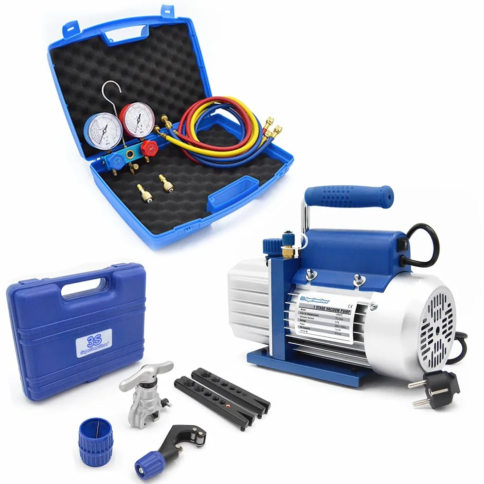SuperSamaStore Pompa Vuoto Monostadio 42 Lt + Set 2 Vie + Cartellatrice a Frizione, Kit Pompa Vuoto Professionale