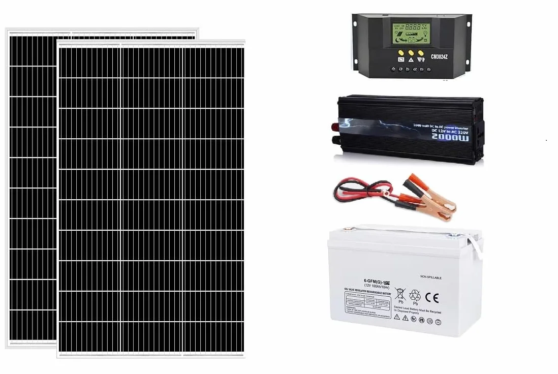 Kit Fotovoltaico Pannello Solare Mono 2x 150w 18V Regolatore di Carica Solare da 30A,Inverter 2000W 12V,Batteria 120AH al Gel da Accumulo,per Camper,Roulotte,Chalet,Abitazione