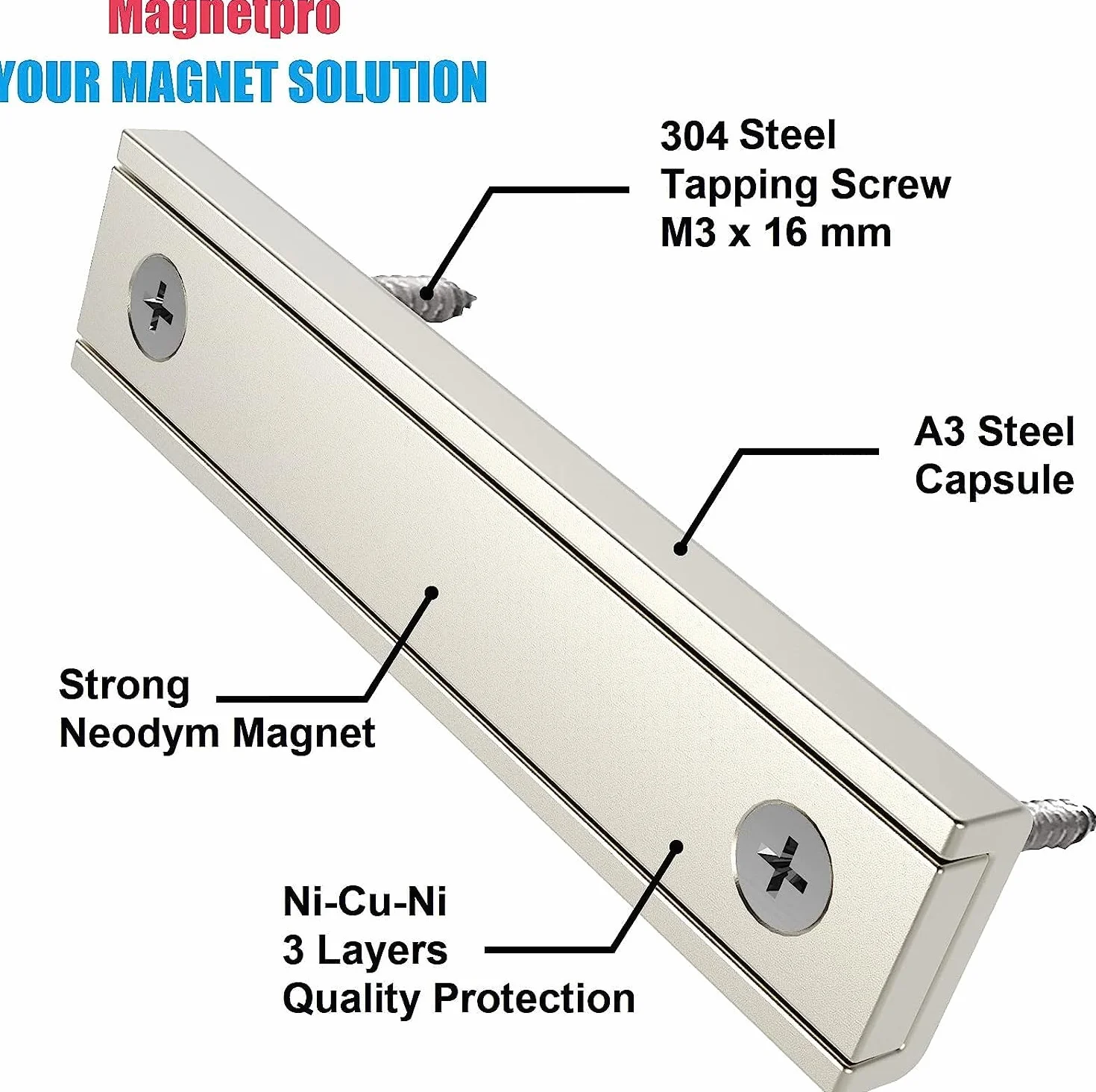 Magnetpro Set 2 magneti rettangolari 30 kg 60 x 13,5 x 5 mm con foro e capsula in acciaio