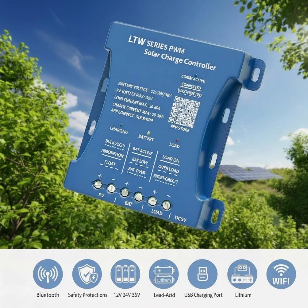 Regolatore solare 20A con WiFi & Bluetooth, PWM 12V/24V/36V per veicoli, ingresso PV 80V, regolazione tramite applicazione per batterie piombo-acido/LiFePO4/litio, ideale per camper/casa/installazione