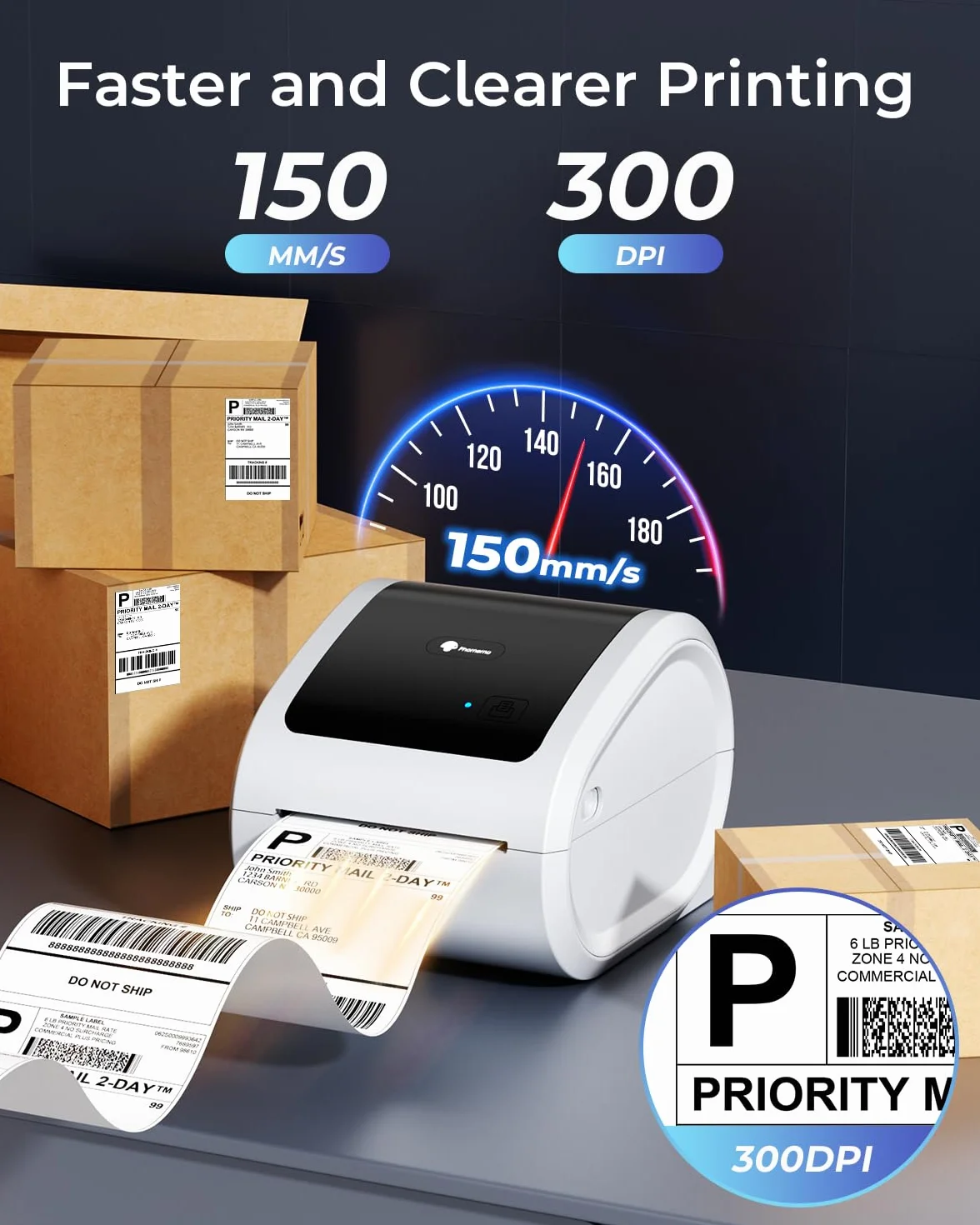 Phomemo Ethernet Stampante Etichette Spedizione, Stampante Termica Etichette da 300dpi per imprese, Supporta Ethernet, Bluetooth e USB, Compatibile con Amazon, Vinted, BRT, UPS, Bianco