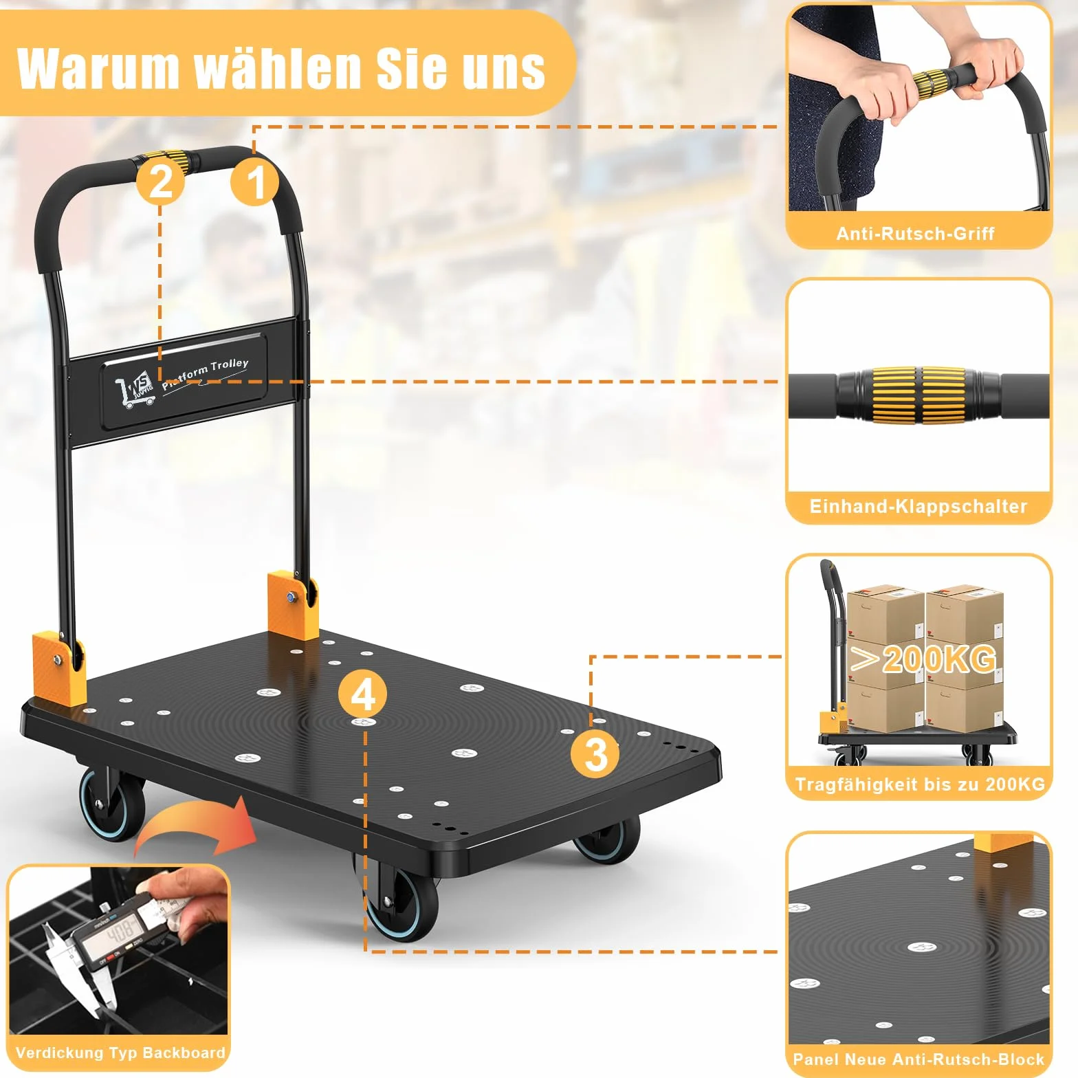 N&S Juvyig - Carrello pieghevole con una sola mano, pieghevole 200 kg