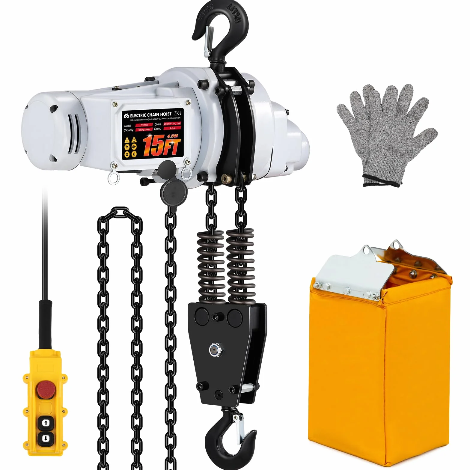 Mxmoonant Paranco elettrico a catena 1000KG, altezza di sollevamento 4,5, controllo cablato 6m con E-stop, 1300W, catena in acciaio G80