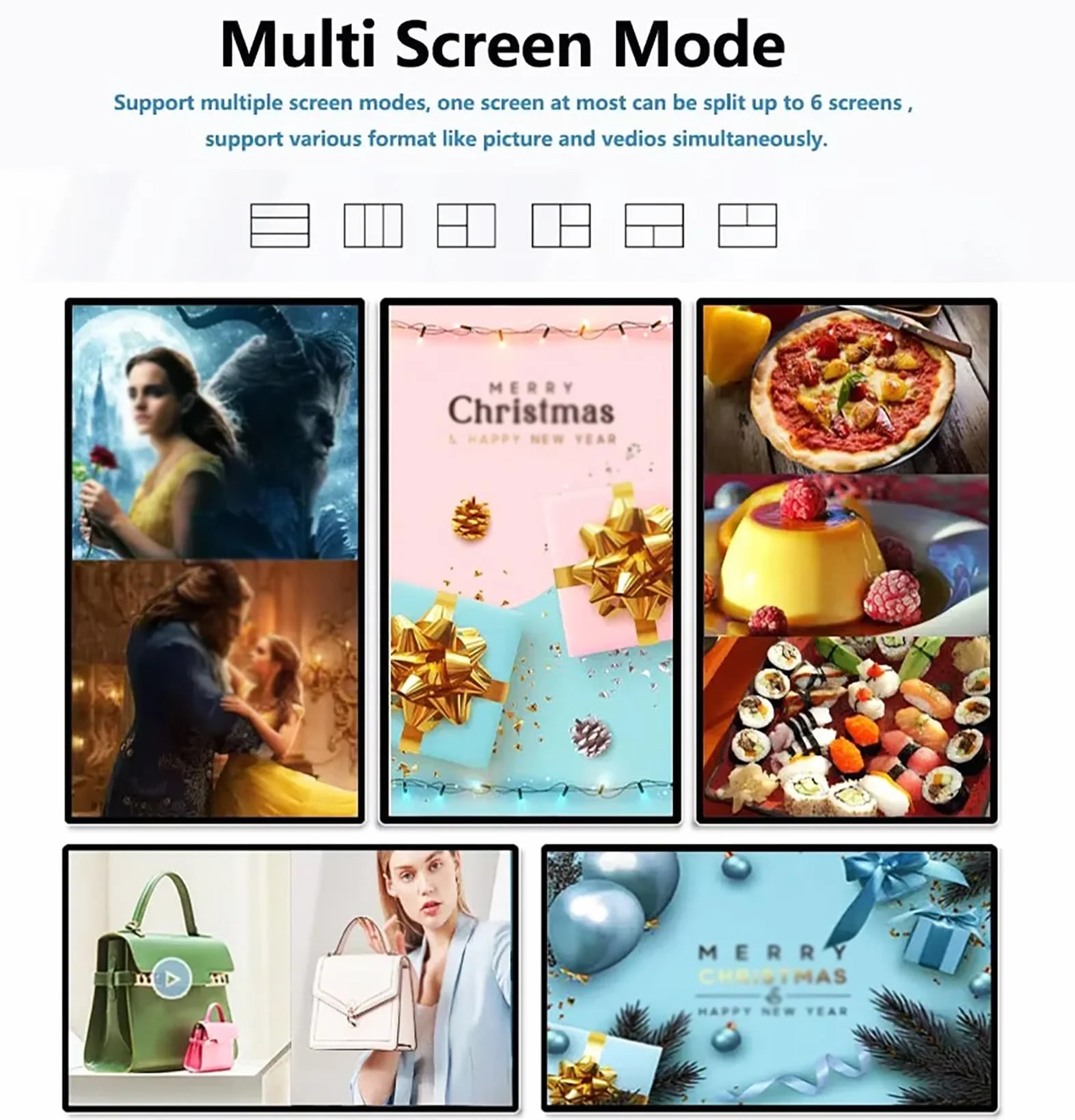 Segnaletica digitale interattiva con touchscreen, sistema operativo Android, riproduzione personalizzata, schermo diviso e audio integrato