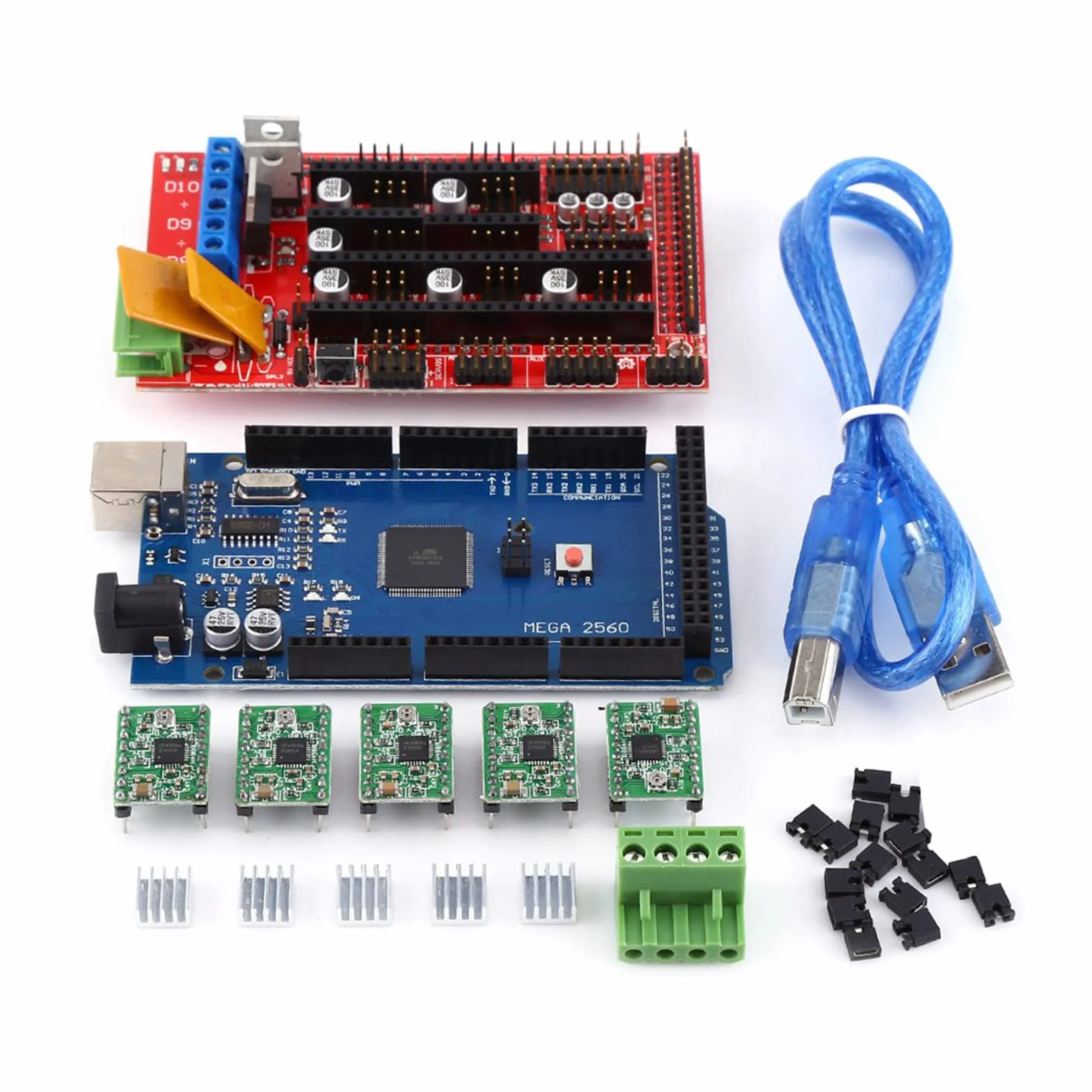 Kit stampante 3D, scheda controller RAMPS 1.4 stampante 3D + MEGA2560 R3 + 5 x A4988 con Dissipatore di Calore USB Calbe Jumper Kit