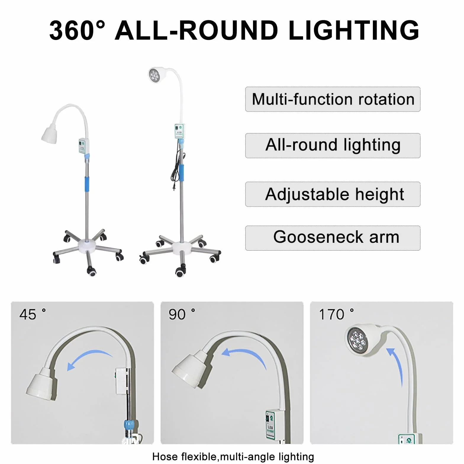 Lampada Mobile per Visita Ginecologica a LED da 21 W, Lampada da Visita Chirurgica Flessibile a Collo D'oca, Base Girevole con Ruote da Pavimento