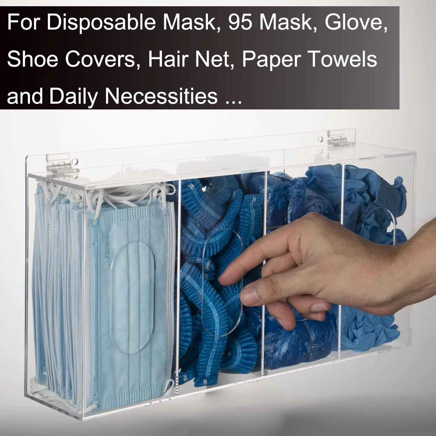 Distributore di copertura per capelli e scarpe Maschera usa e getta Immagazzinaggio in acrilico 4 contenitori Porta portaoggetti in Supporto Supporto parete Strumento di igiene organizzativo