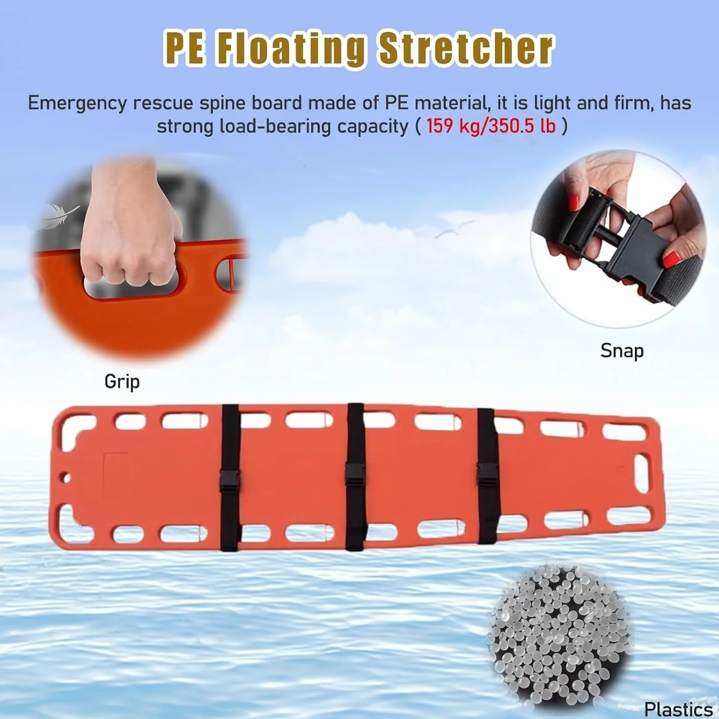 Floating Life-Saving Stretcher Spine Board, Waterproof PE Water Rescue Boards, First Responder Back Board
