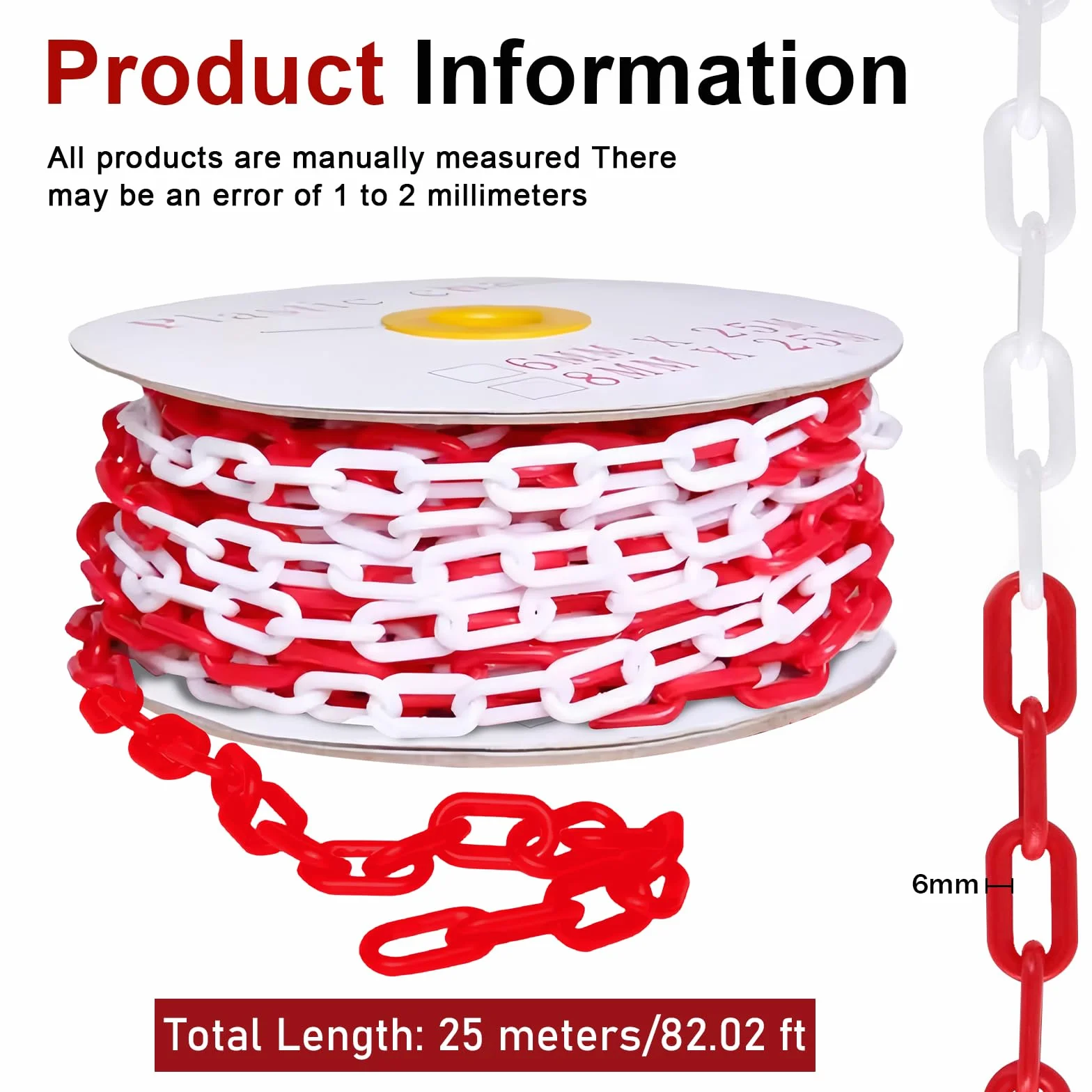 Catena di Sicurezza: Catena di Sicurezza in Plastica Rossa e Bianca da 25m, Catena di Segnalazione da 6mm per Aree di Blocco, Barriera a Catena in Plastica per Cantieri Edili, Parcheggi, Code