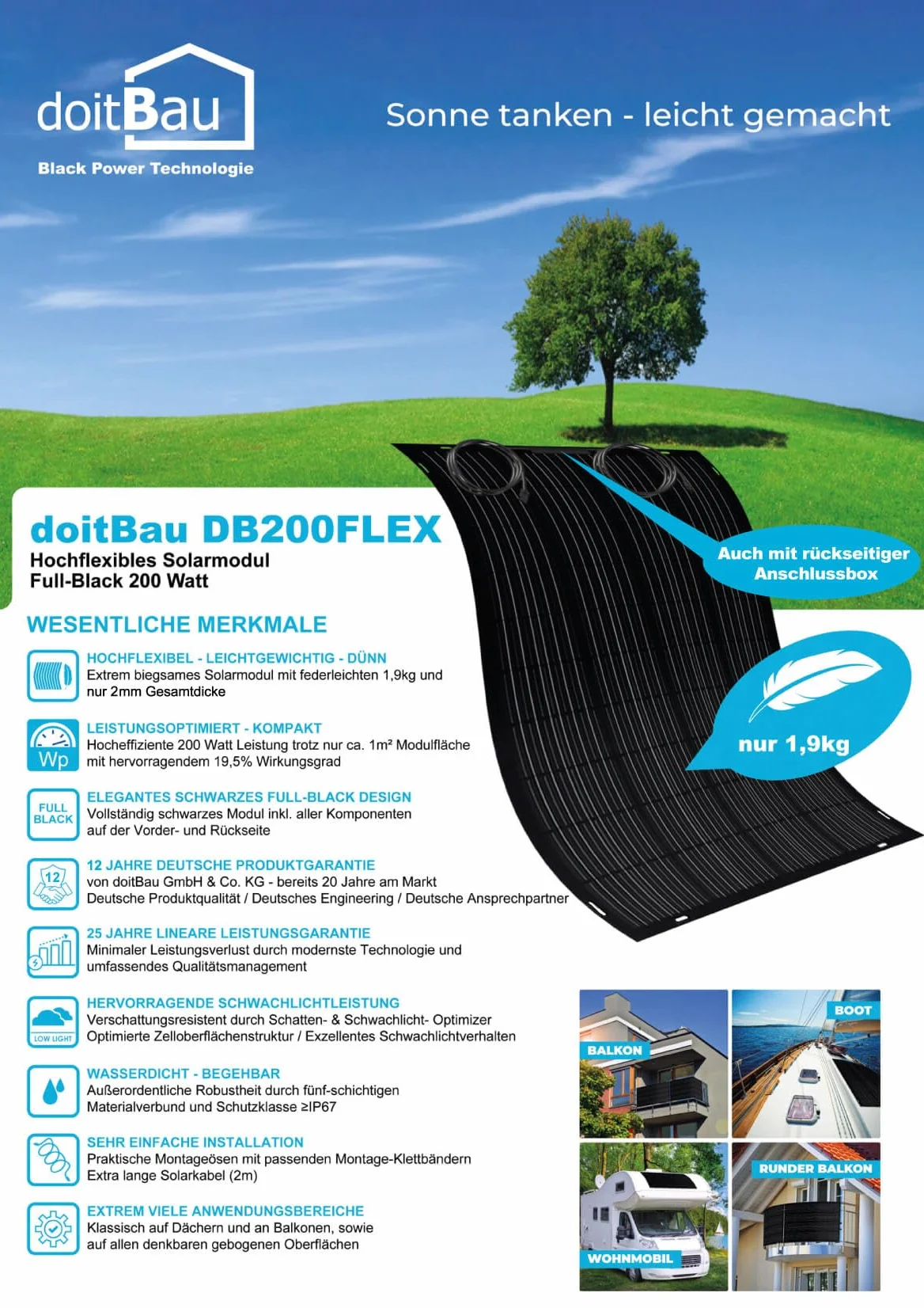 doitBau Modulo solare flessibile 200 W Full-Black - ultra sottile 2 mm, 1,9 kg - 1352 × 770 mm per camper, barca, balcone e tetto