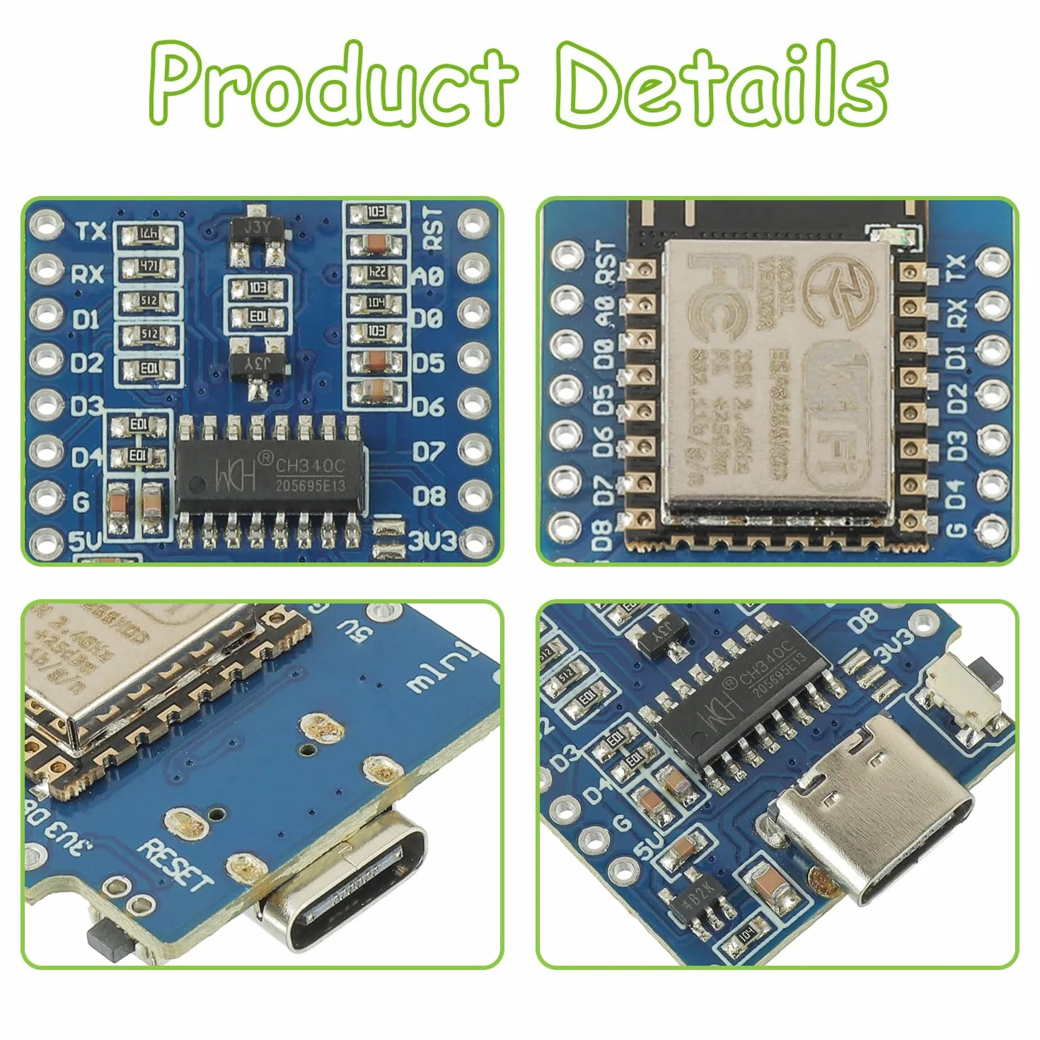 3 Pezzi ESP8266 Scheda di Sviluppo Mini ESP8266-12F NodeMCU Modulo WiFi Chip Interfaccia Type-C Compatibile con Arduino