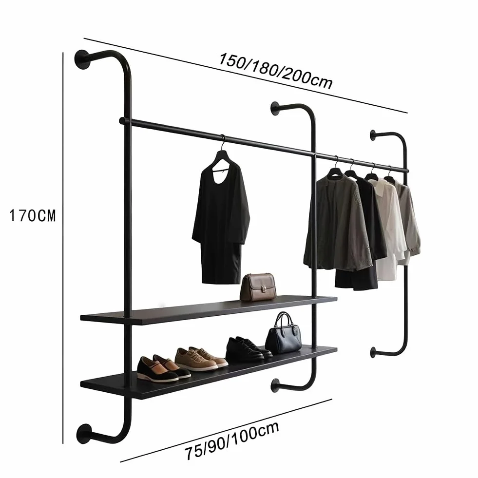 Appendiabiti a tubo industriale con mensole per parete, asta abbigliamento resistente per casa, lavanderia, negozio