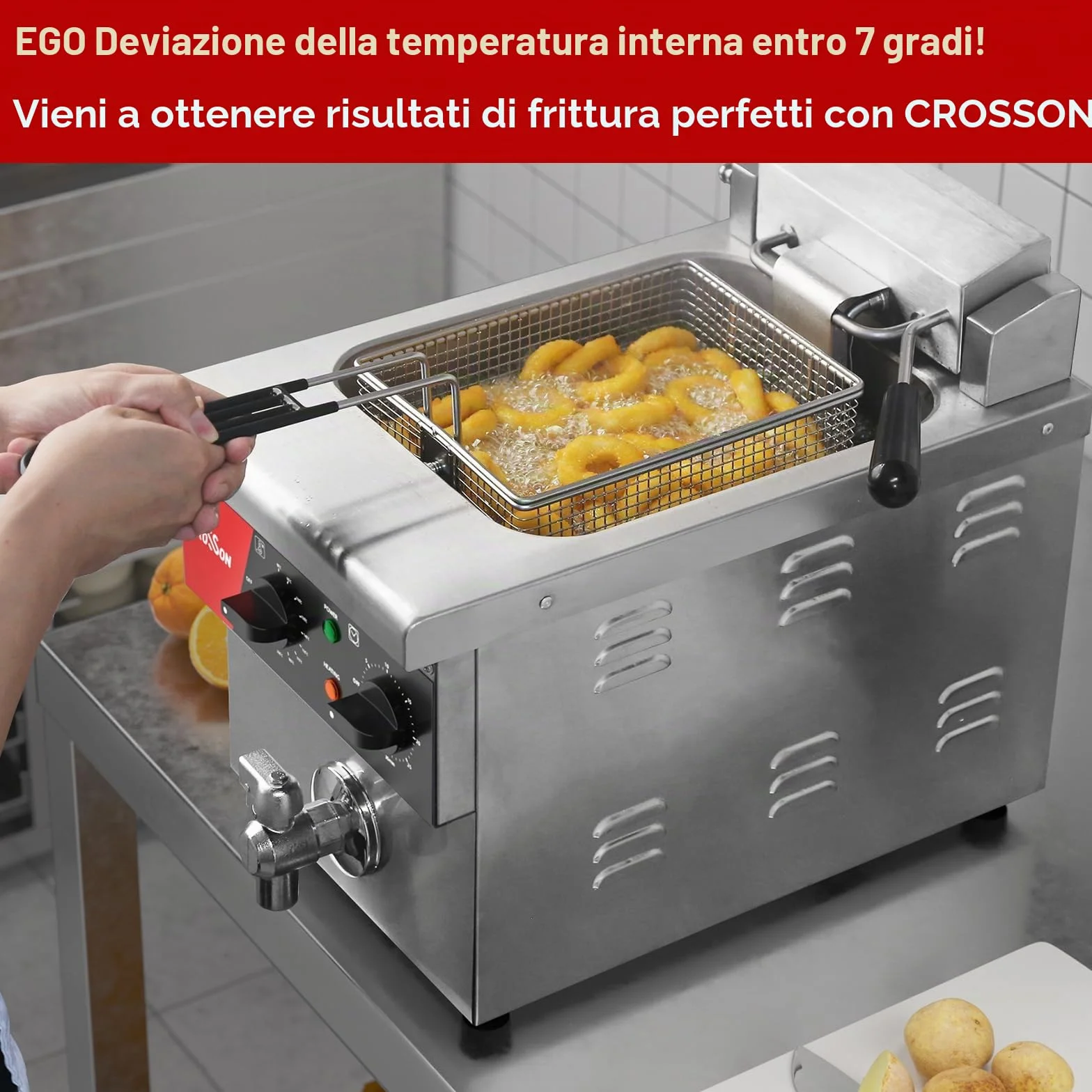 CROSSON Friggitrice Professionale 8 Litri,230V/3250W Friggitrice Elettrica ad olio Commerciale in Acciaio Inox con Rubinetto di Scarico,Controllo Temperatura 80-200°C,per Cucina Ristorante