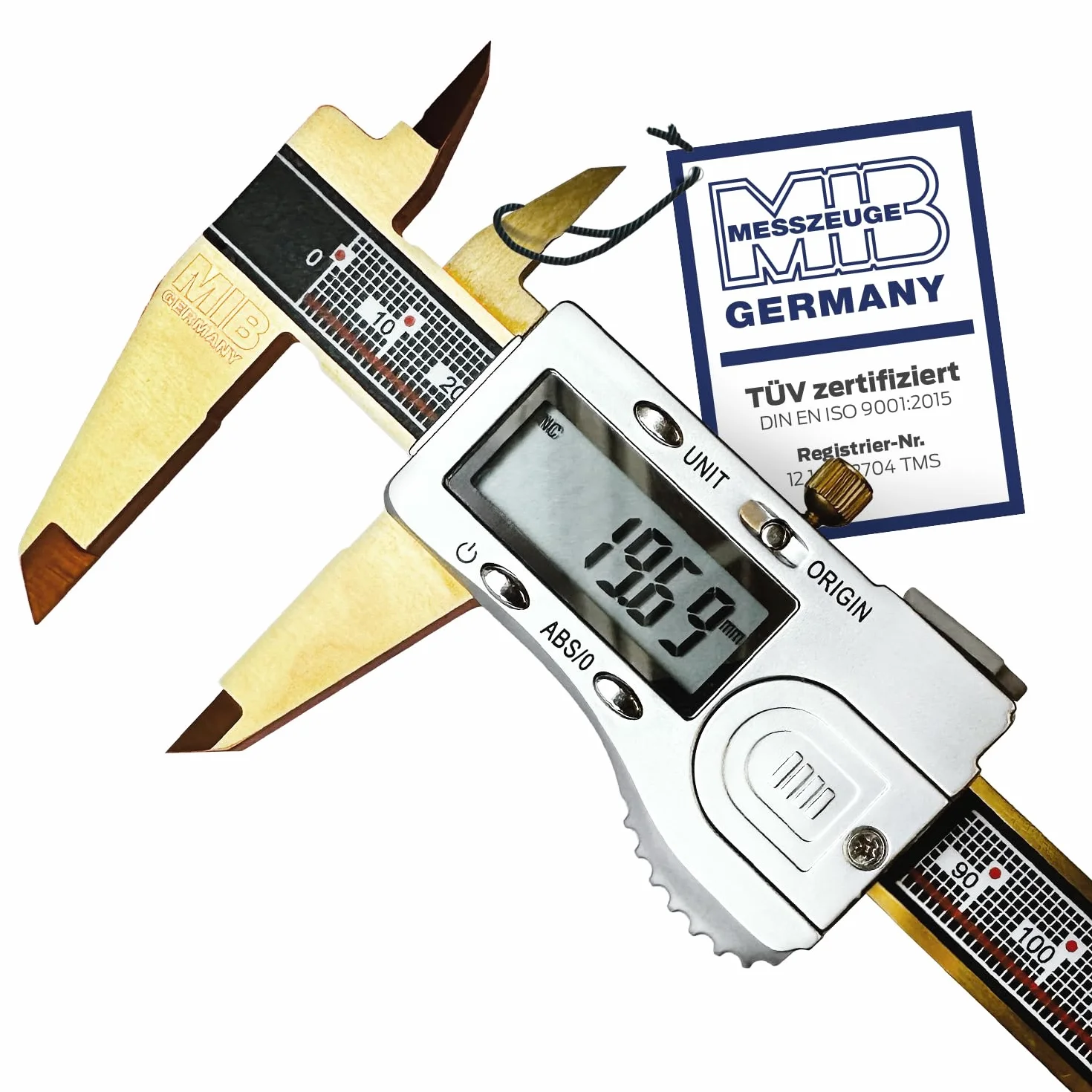 MIB Calibro digitale con sistema assoluto e rivestimento TiN DIN 862, 150 mm, misuratore di precisione, misurazione a 4 livelli, calibrazione, set di utensili digitali con batteria da 3 V e scatola di