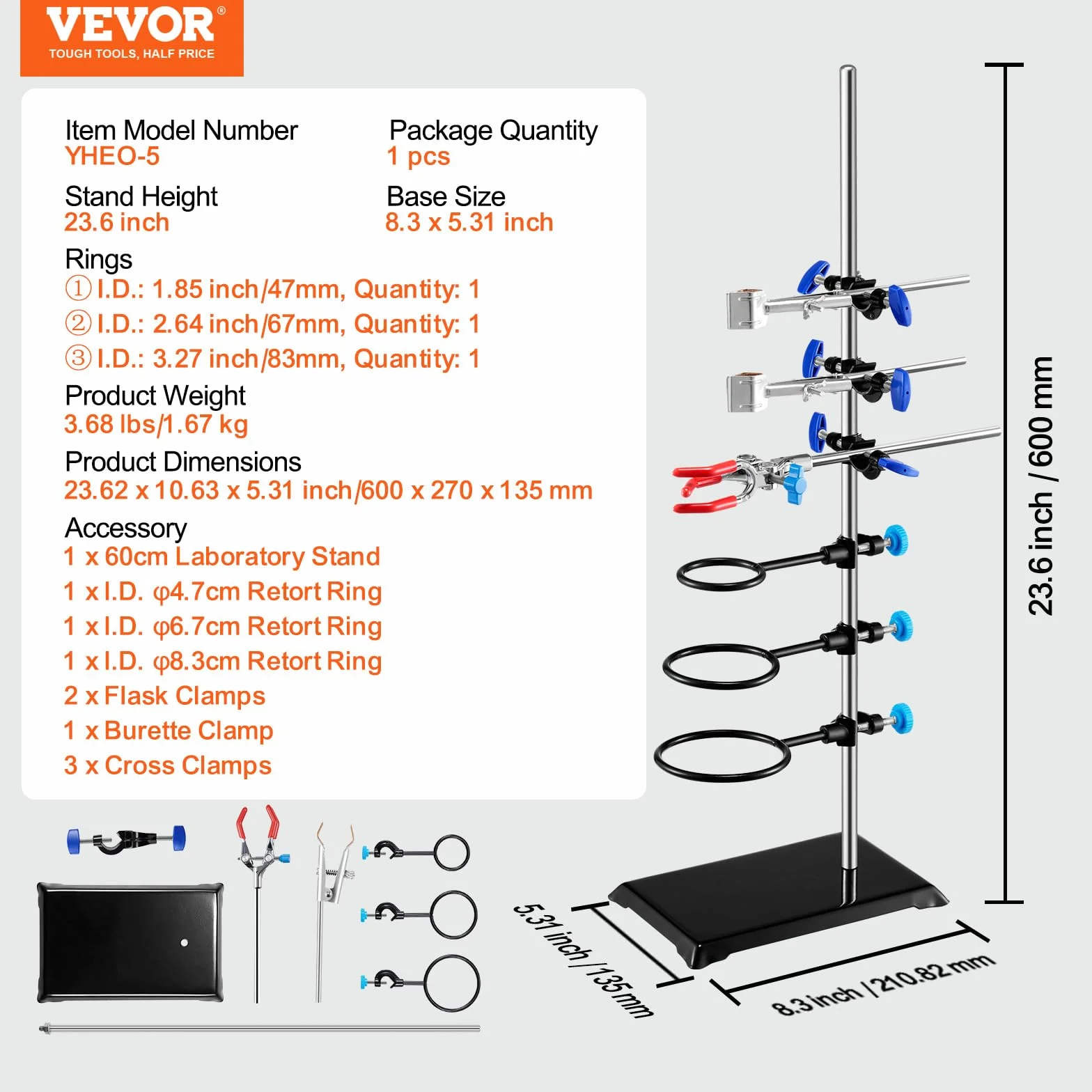 VEVOR Supporto da laboratorio in acciaio 23,6" e base in ghisa 8,3" x 5,3" con morsetti per matracci