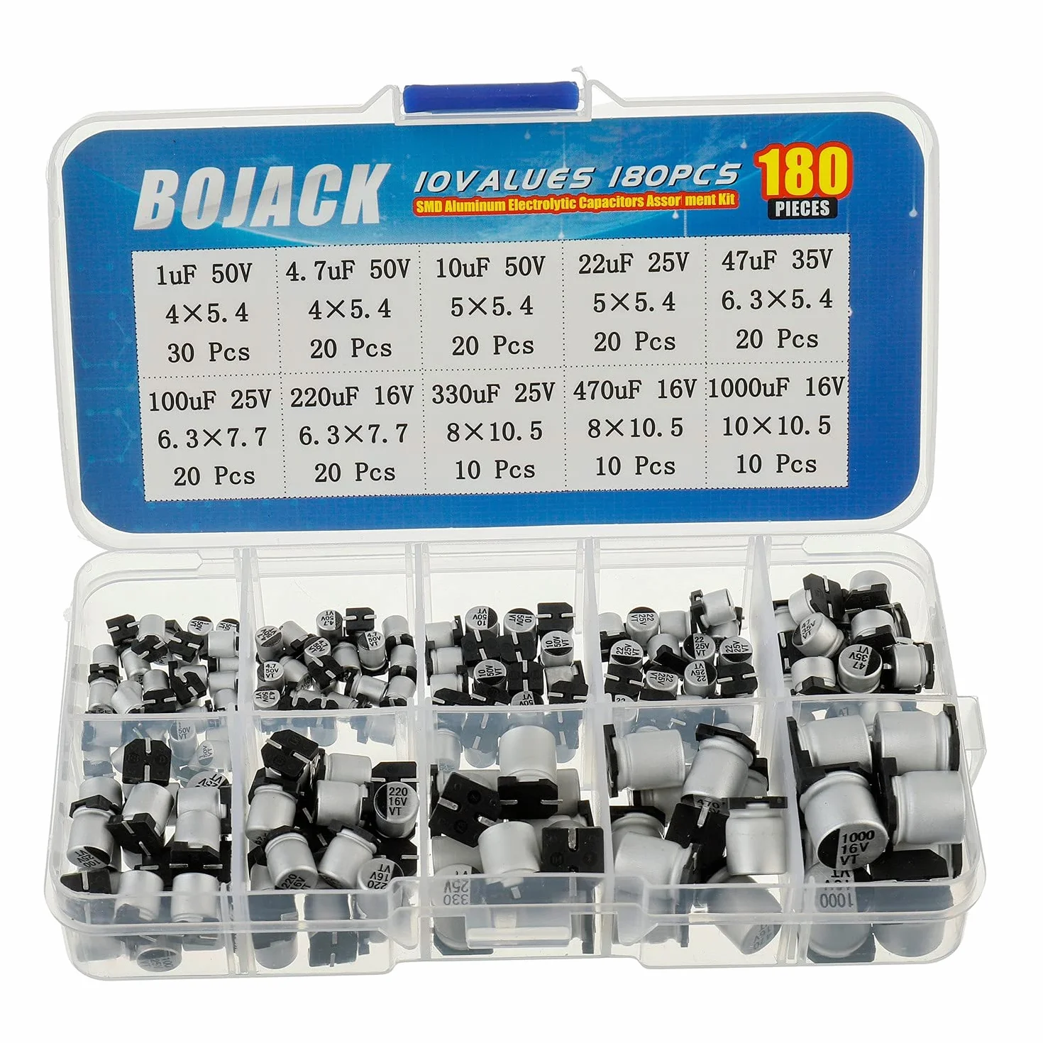 BOJACK 10 Valori 180 Pezzi 1 uF ~ 1000 uF SMD Kit assortimento di condensatori elettrolitici in alluminio
