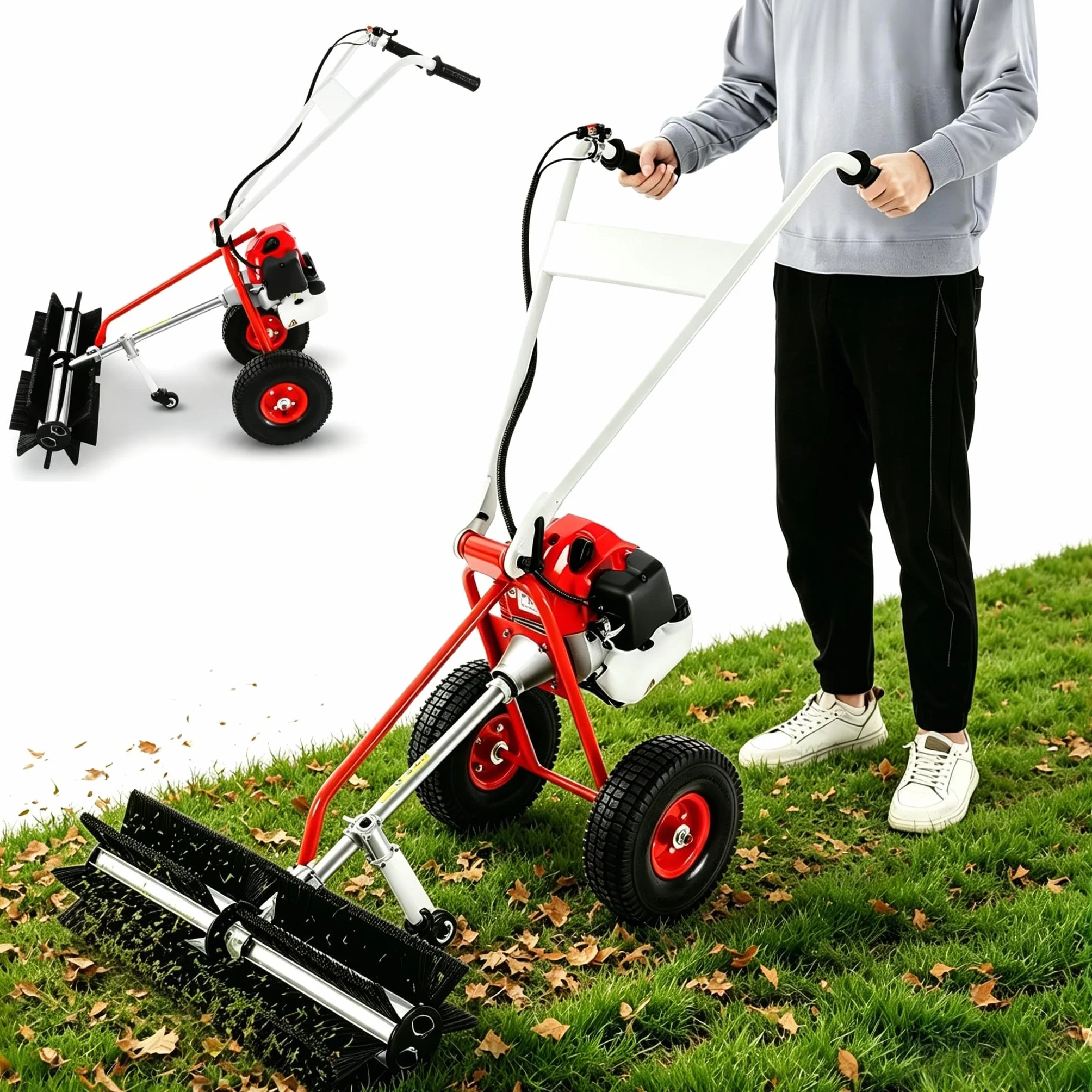 Spazzatrice a benzina, 1,7 CV 43 CC 2 tempi raffreddata ad aria con 2 ruote, 1,25 KW 3200 RPM soffiatore a benzina per la pulizia di cantieri, fattorie, strade, 58,5 x 83,5 cm