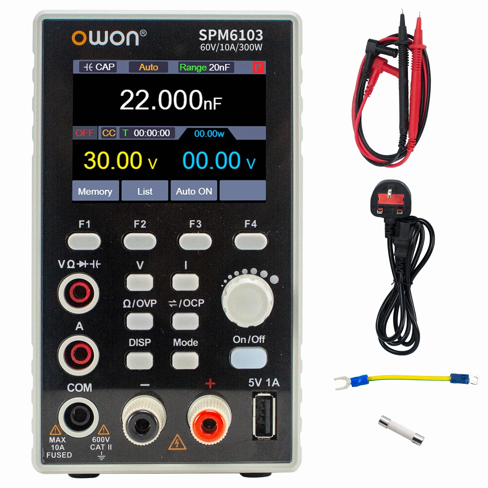 OWON SPM6103 Alimentatore da Banco (0-60V, 0-10A), 2 in 1 Alimentatore CC e Multimetro, Alimentatore da Laboratorio DC, Display LCD da 2,8 Pollici, Multimetro Digitale, con porta di ricarica USB