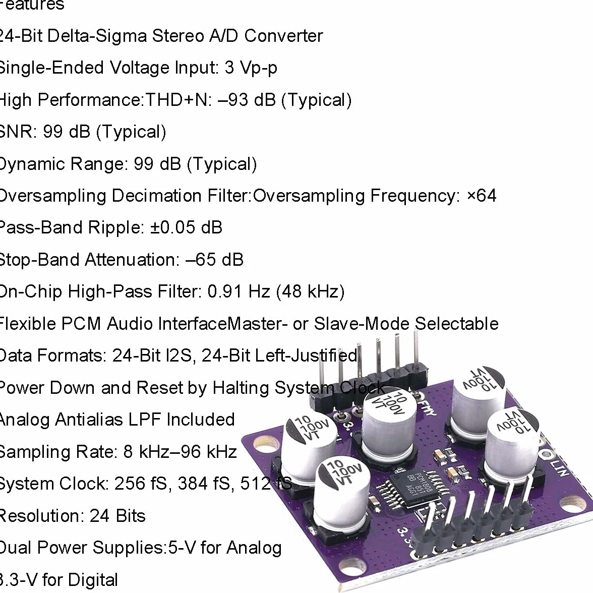 PCM1808 Modulo amplificatore a 24 bit PCM1808 Modulo decodificatore lettore single-ended audio stereo ADC con cavo