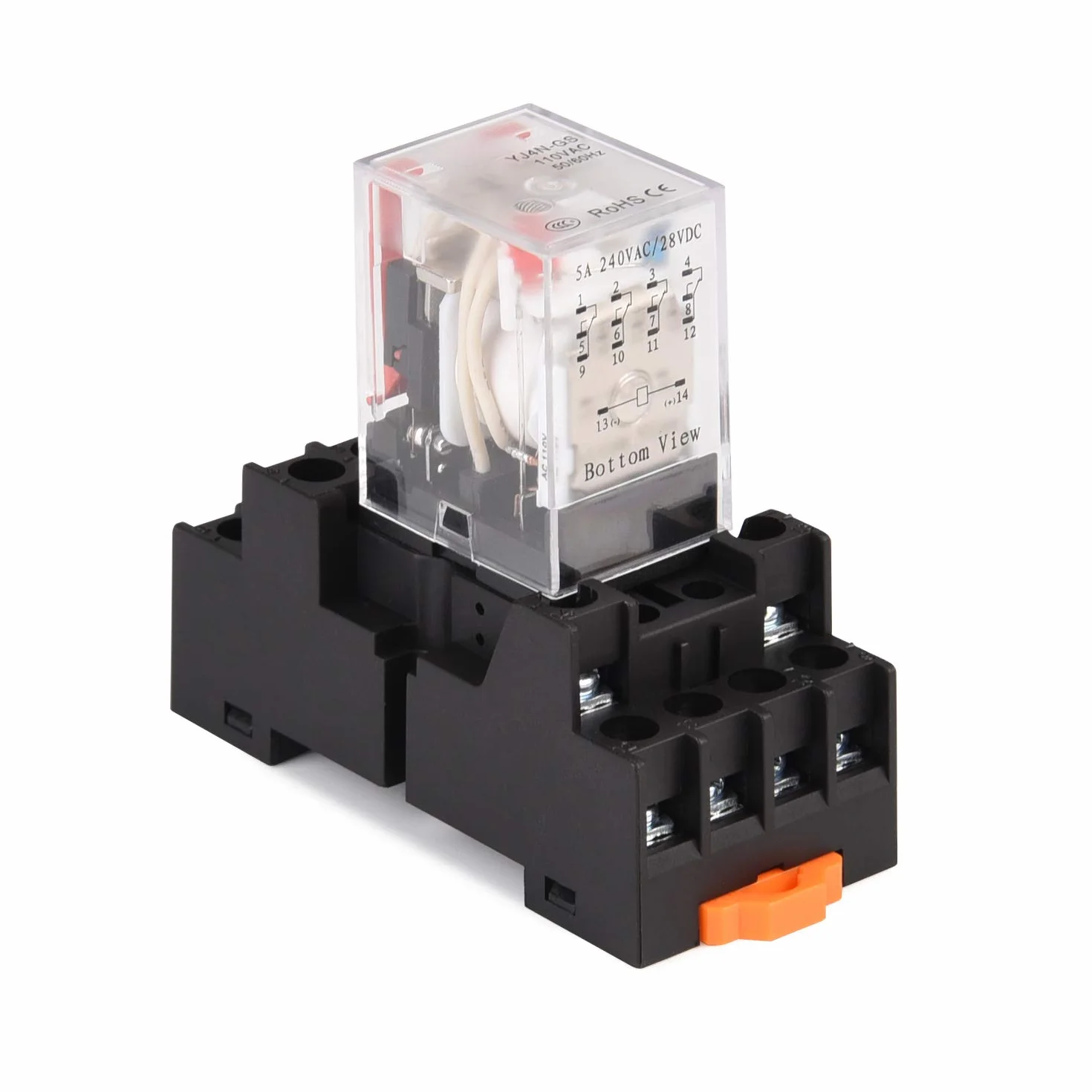 APIELE [Garanzia 3 anni] Relè di potenza elettromagnetica MY4NJ HH53P Bobina 4PDT 4NO + 4NC 14 pin 5A con indicatore luminoso con base (24 V DC)