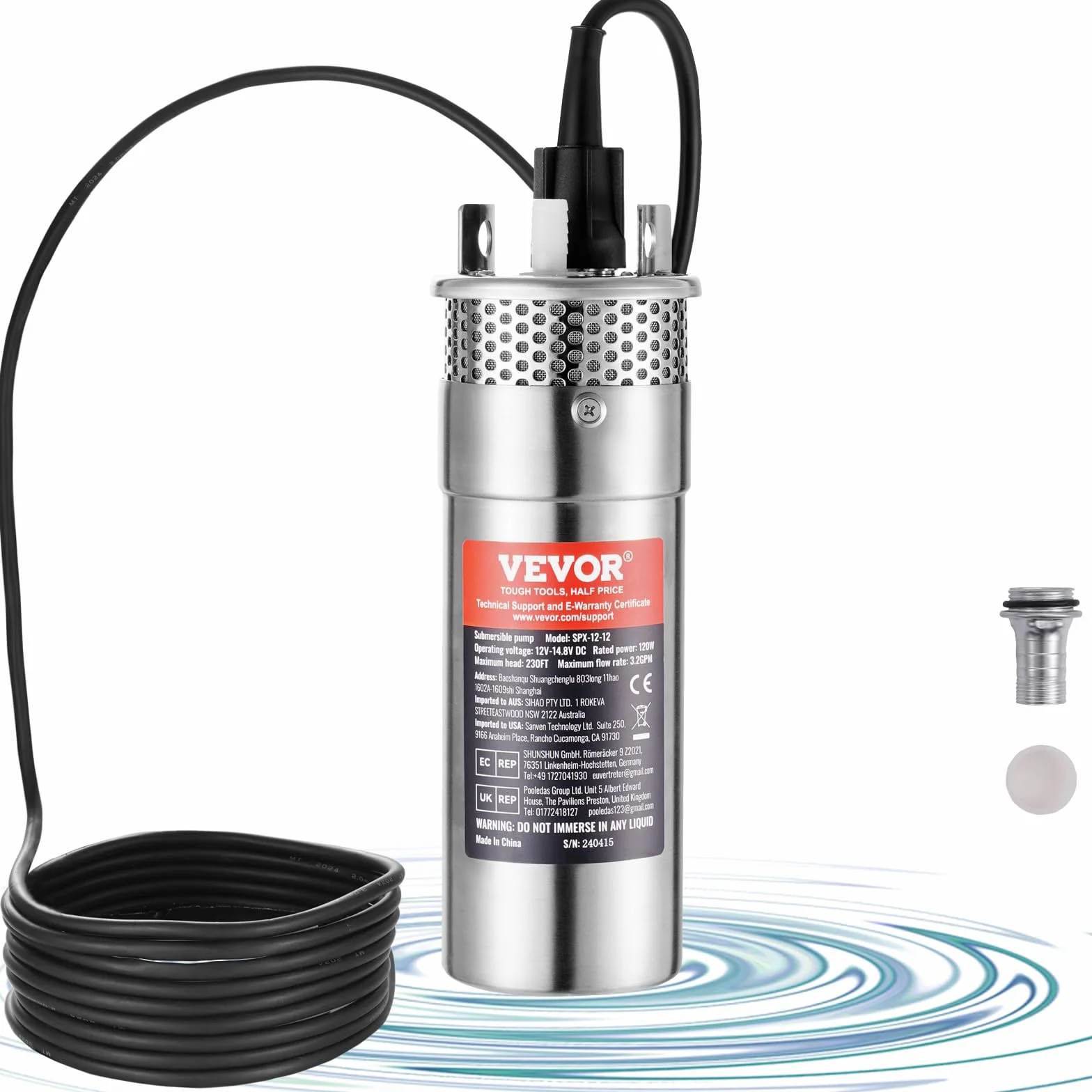 VEVOR Pompa Acqua Solare, Pompa Sommergibile Pozzi Profondi da 120 W, 12 V CC, 3,2 GPM, Sollevamento 70 m, Immersione Massima 30 m, Pompa Acqua Energia Solare Pozzi, Fattorie, Ranch, Irrigazione
