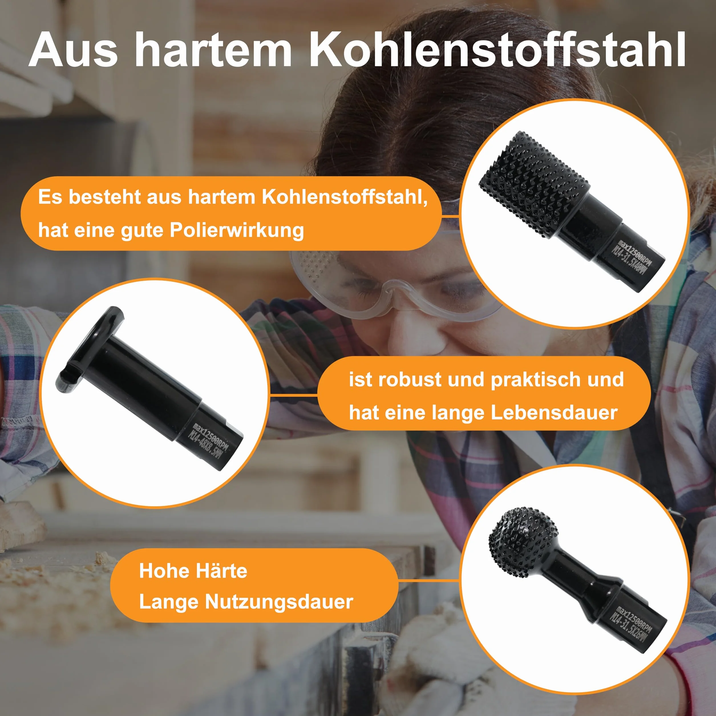 Set di frese per intagliare il legno, filettatura M14, 3 pezzi, per smerigliatrice angolare, 115 mm/125 mm, nero