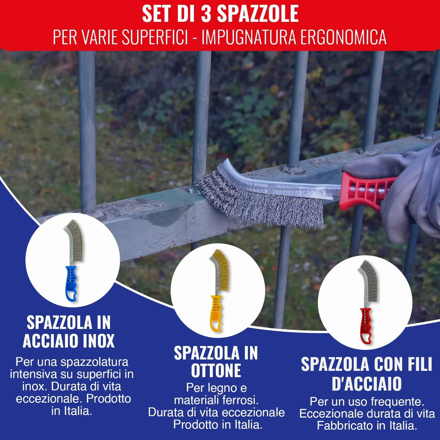 TIVOLY - Set di 3 spazzole manuali - Spazzole metalliche in acciaio, ottone e acciaio inox - Impugnature ergonomiche