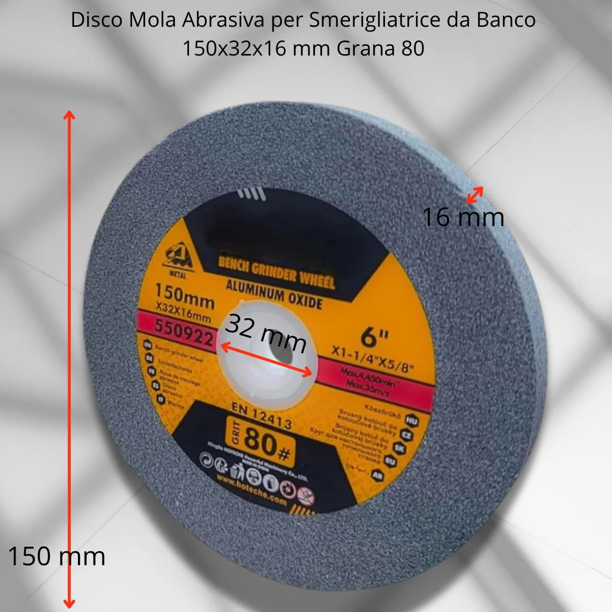 Disco Mola Abrasiva per Smerigliatrice da Banco 150x16 mm Grana 80 Set Professionale 4 Anelli di Riduzione 32-12.7mm