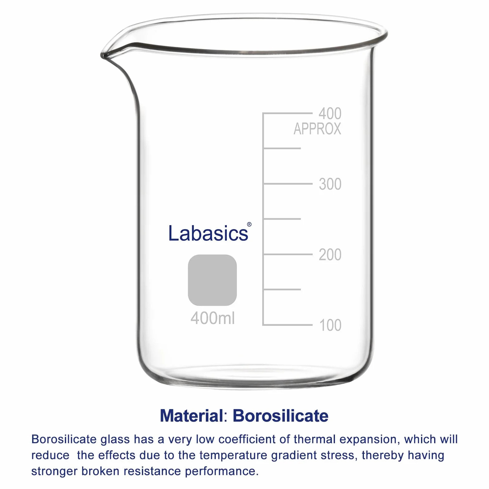 Labasics Bicchiere di Vetro, 1 Confezione, Bicchiere di Vetro Borosilicato a Forma Bassa Graduato Griffin con Beccuccio Versatore, 400 ml, Resistenza ad Alta Temperatura, Uso in Laboratorio