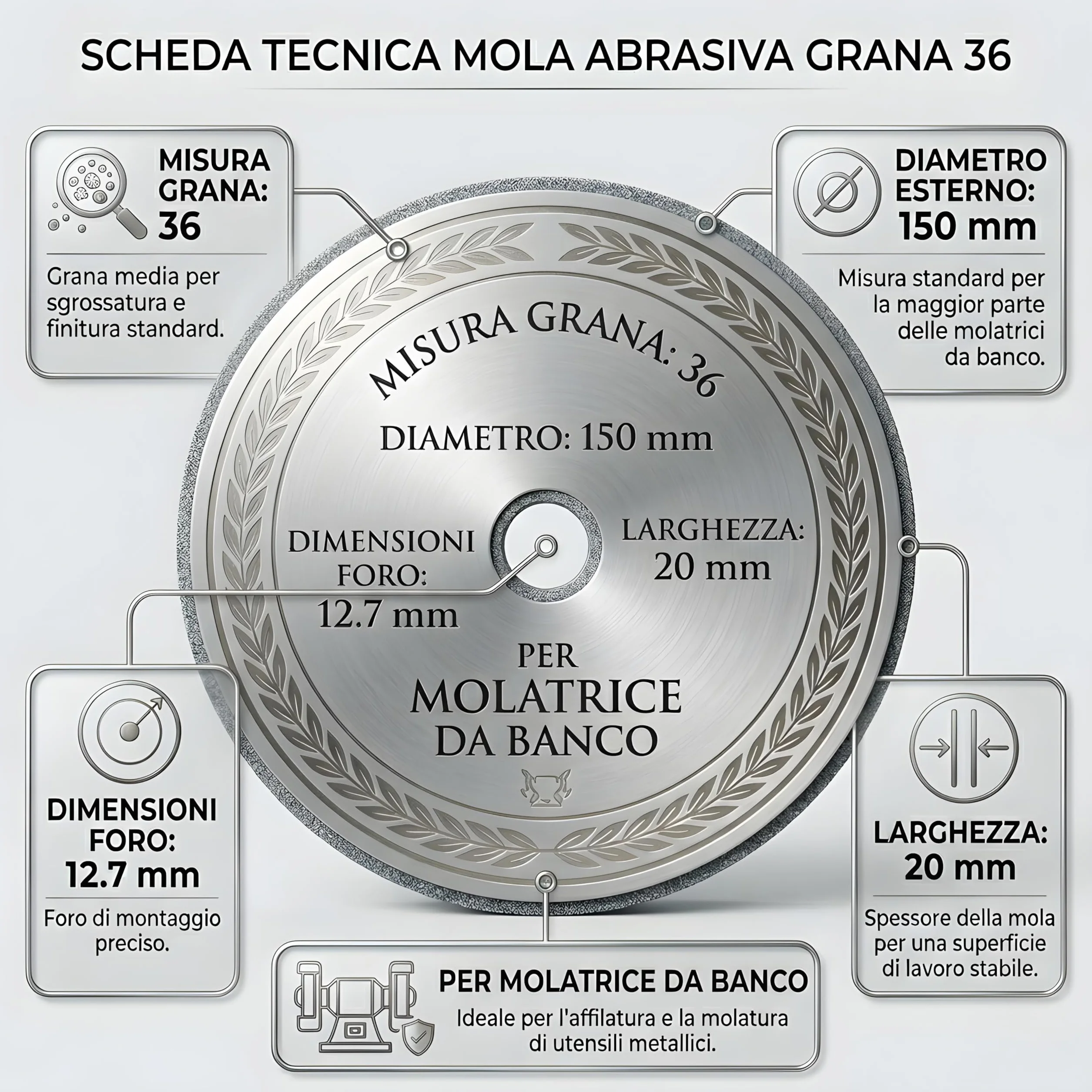 Mola Banco 150mm G36 Carburo Silicio Foro 12,7mm - Rettifica Metalli Non Ferrosi Ceramica Vetro Alta Precisione Bassa Vibrazione Lunga Durata