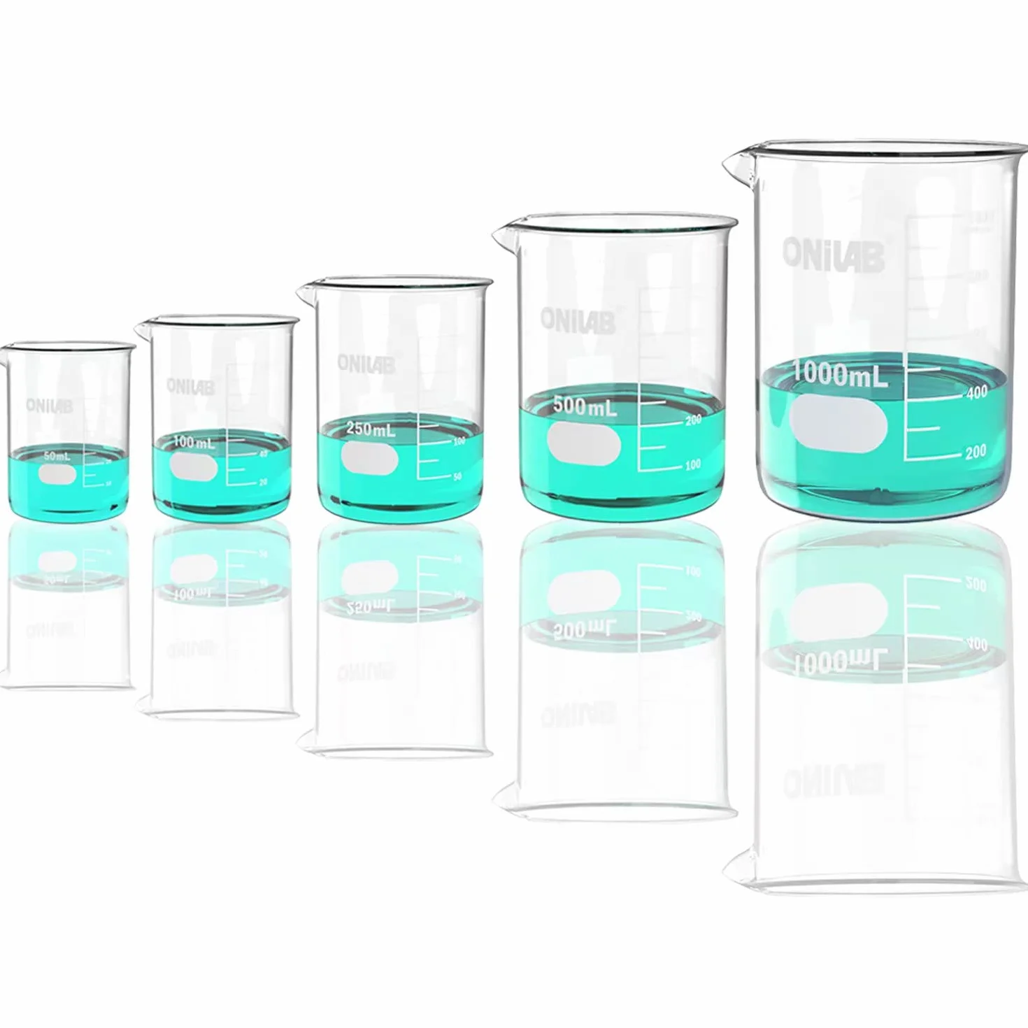 ONiLAB Set di bicchieri di misura in vetro 50ml 100ml 250ml 500ml 1000ml (Confezione da 5) 3.3 Boro Griffin a forma bassa con graduazione stampata Vetreria scientifica per laboratori