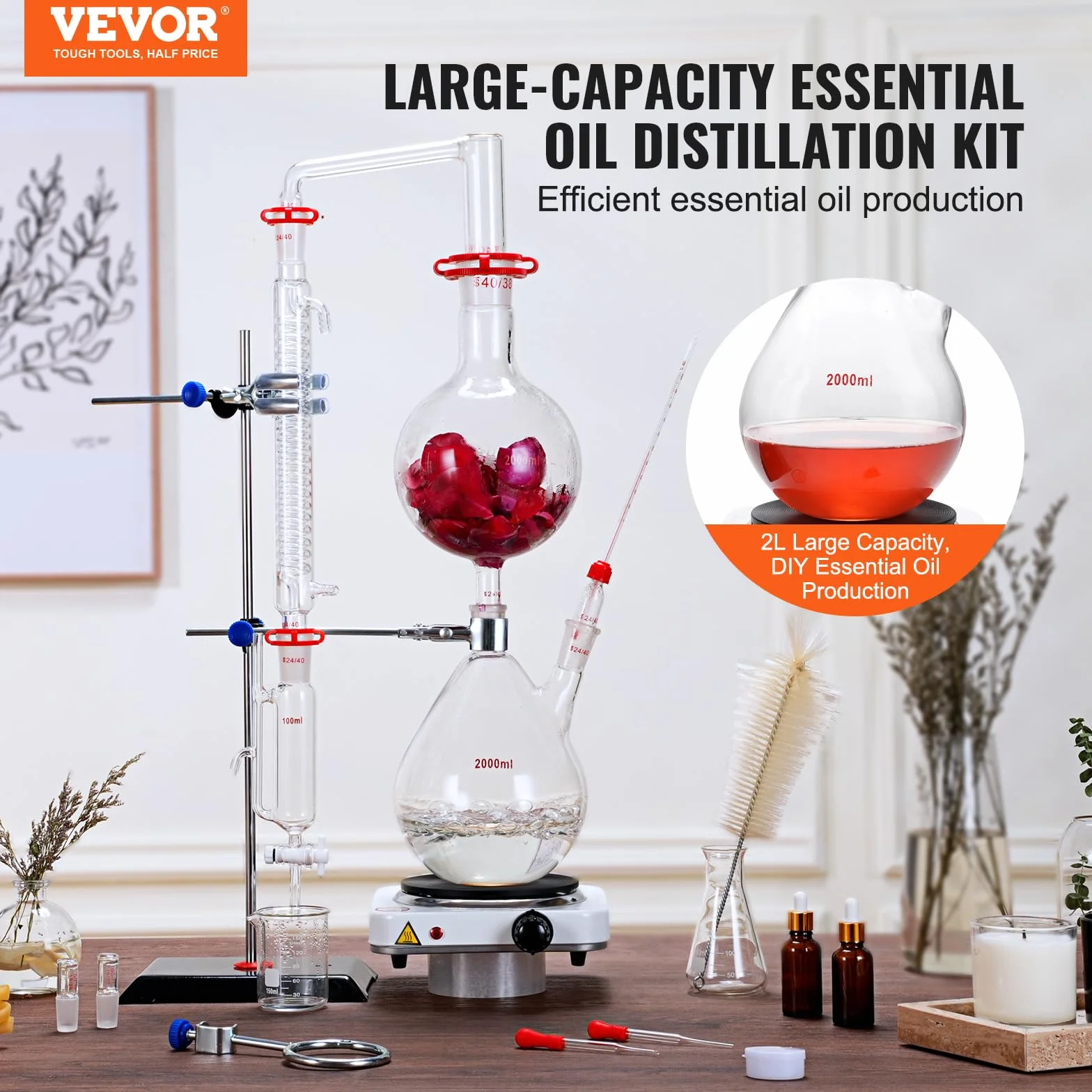 VEVOR Kit di distillazione di oli essenziali, 2000 ml, kit di distillazione di vetreria da laboratorio 3.3 Boro con piastra riscaldante da 1000 W e 24, 40 giunti, set da 28 pezzi