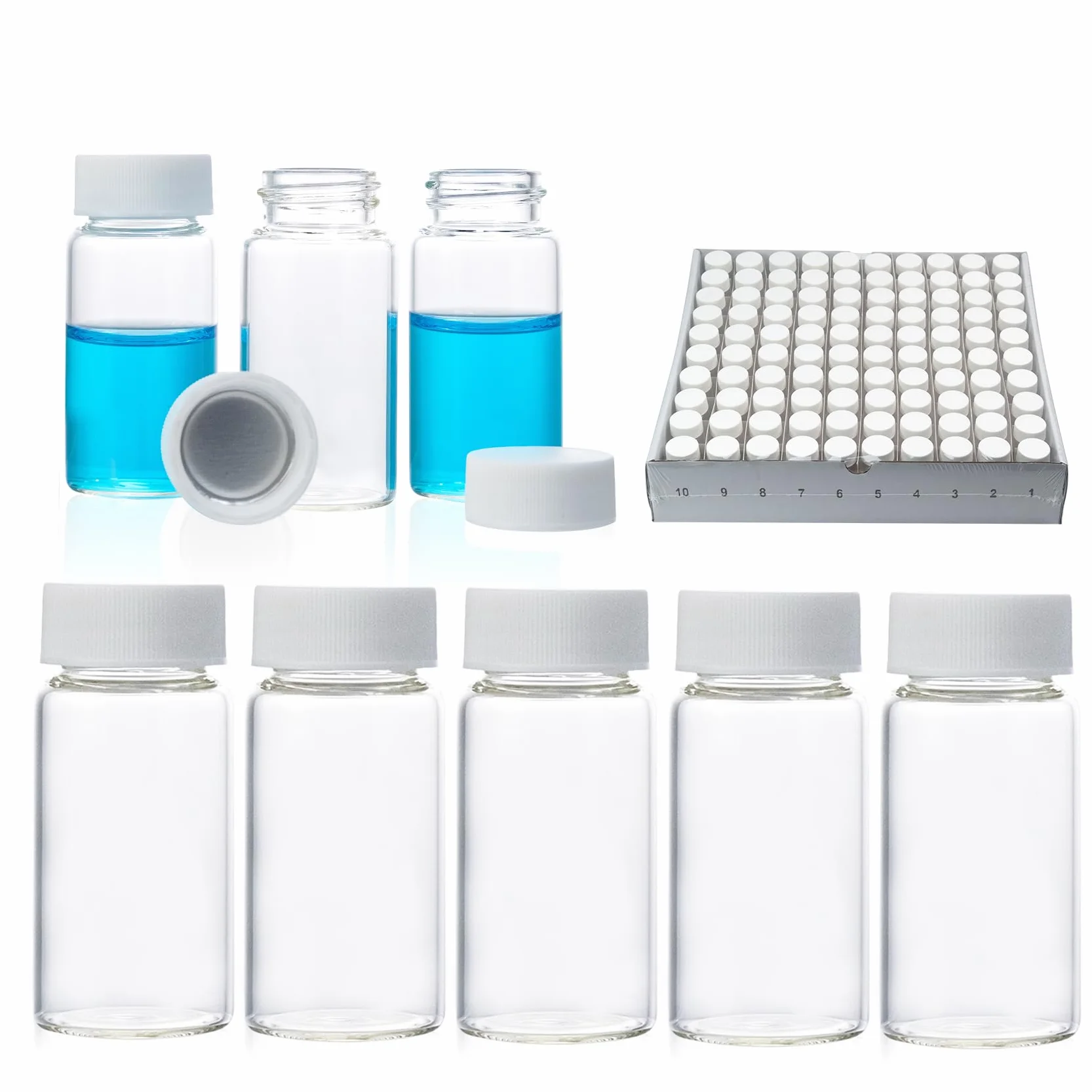 Fiale a Scintillazione da 20 ml in Vetro Borosilicato, Tappo a Vite Bianco 22-400, Rivestimento in Alluminio Argentato, 100 Pezzi