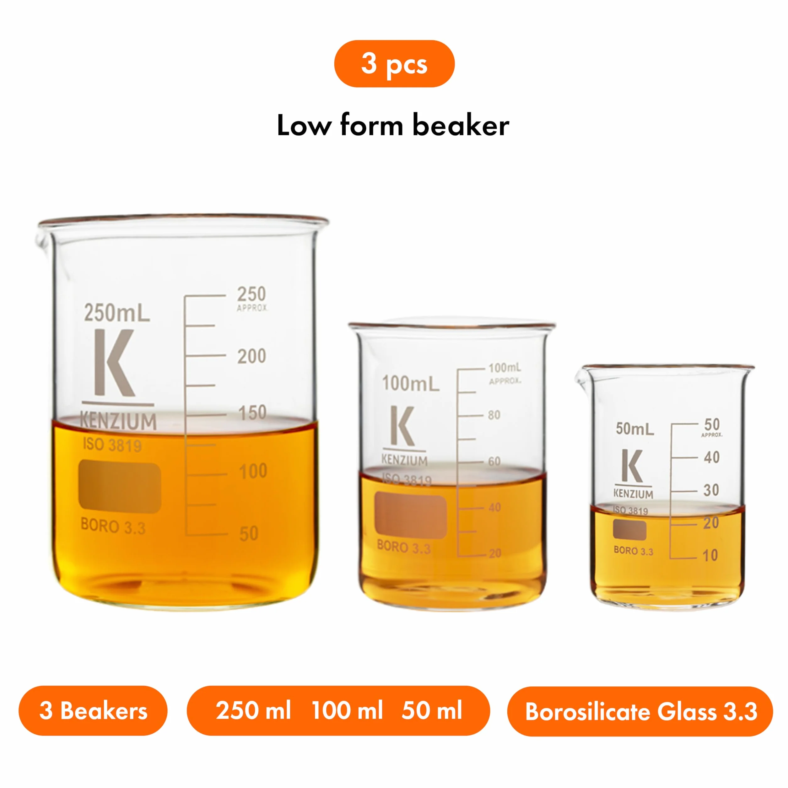 KENZIUM - Confezione 3 x Bekers | Volumi: 50 ml, 100 ml e 250 ml | Vetro borosilicato 3.3 | Forma bassa | Graduato con beccuccio versatore | Per tutti i tipi di campioni | Alta Resistenza,