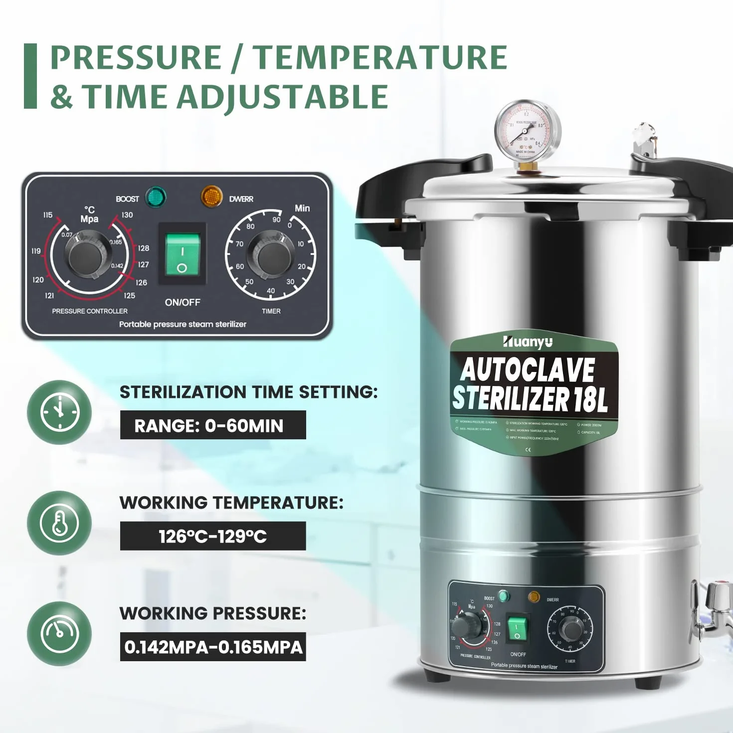 Huanyu 18L Autoclave Sterilizzatore Autoclave a vapore regolabile in temperatura e tempo Autoclavi elettriche da laboratorio Sterilizzatore a vapore ad alta pressione