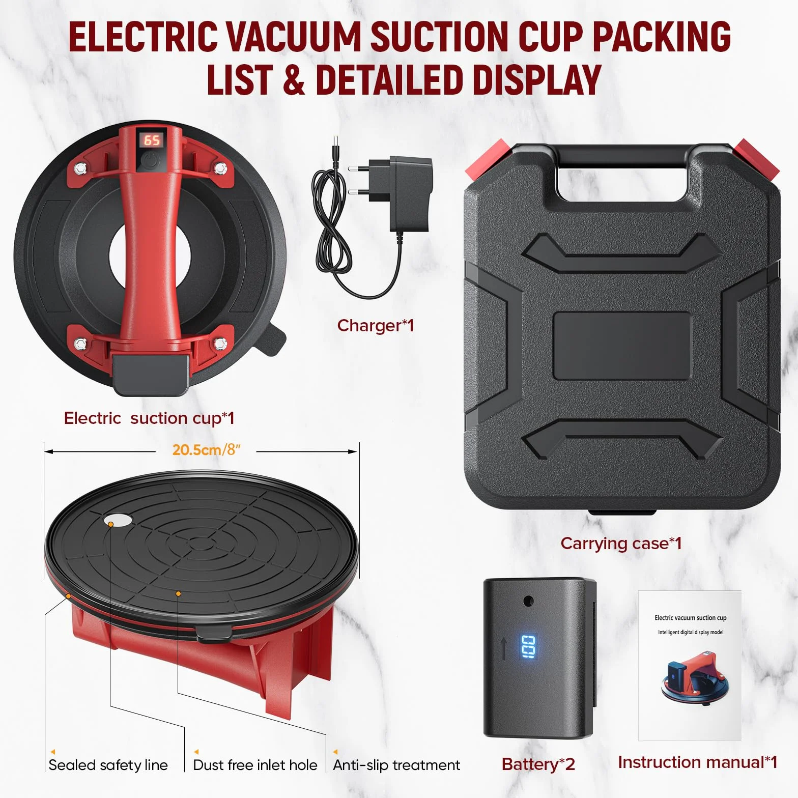 Ventosa elettrica Diametro 20,5 cm Ventosa per piastrelle Capacità Carico 300 Kg 8 inch Ventosa di vetro con 2 Batterie per Vetro, Piastrelle, Marmo