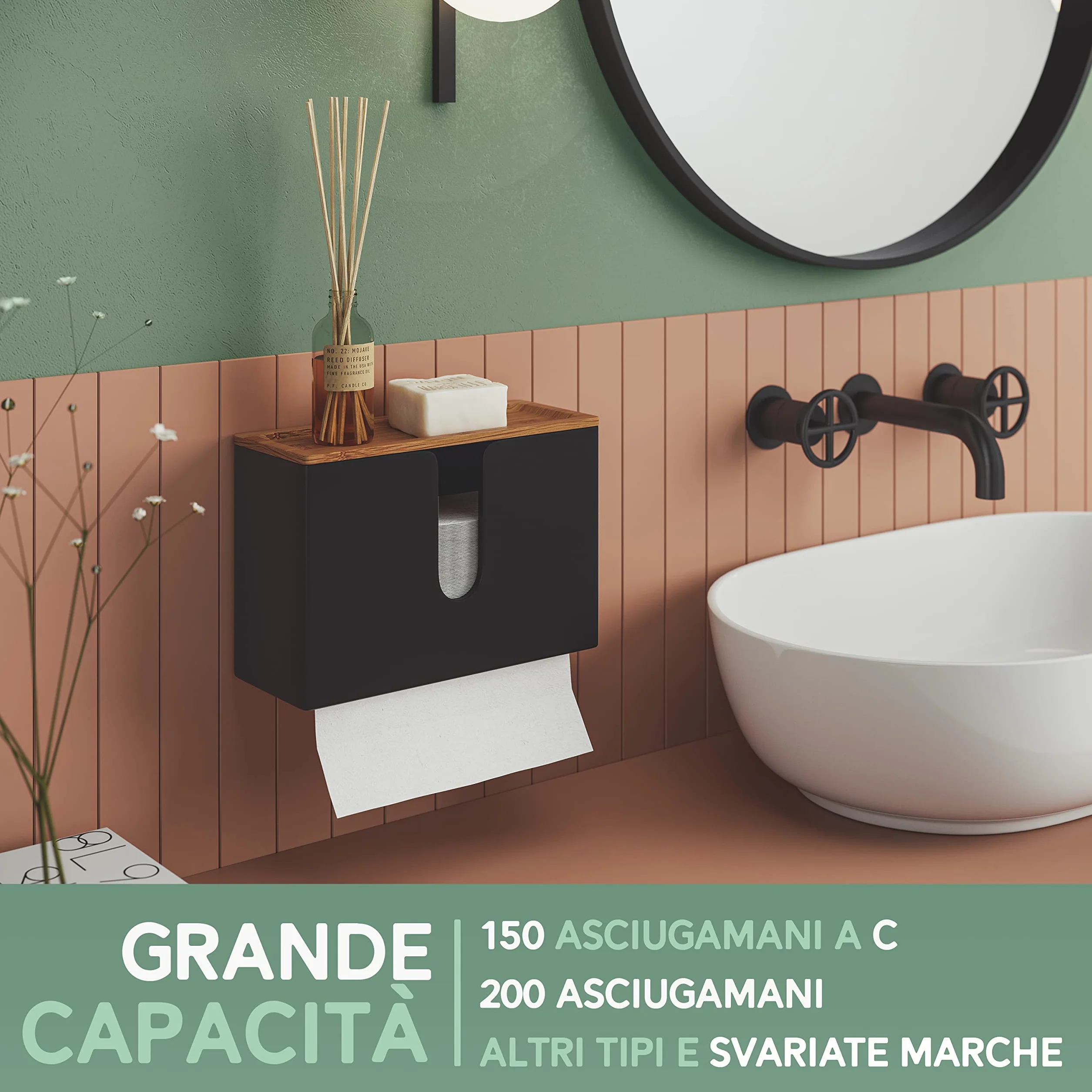 Dispenser per Carta Asciugamani in Legno NATURE SUPPLIES - Porta Salviette da Parete, Bambù Naturale, Nero
