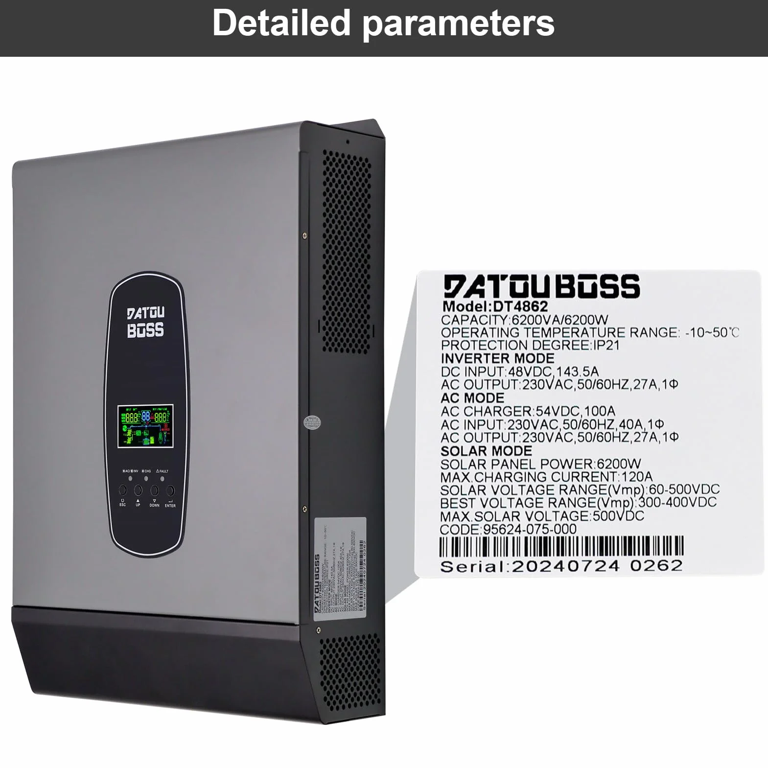 DATOUBOSS 6200 W Inverter ibrido sinusoidale puro 48 V DC a 230 V AC,che supporta il funzionamento senza batteria, con regolatore di carica solare 120 A MPPT per batterie piombo-acido e litio