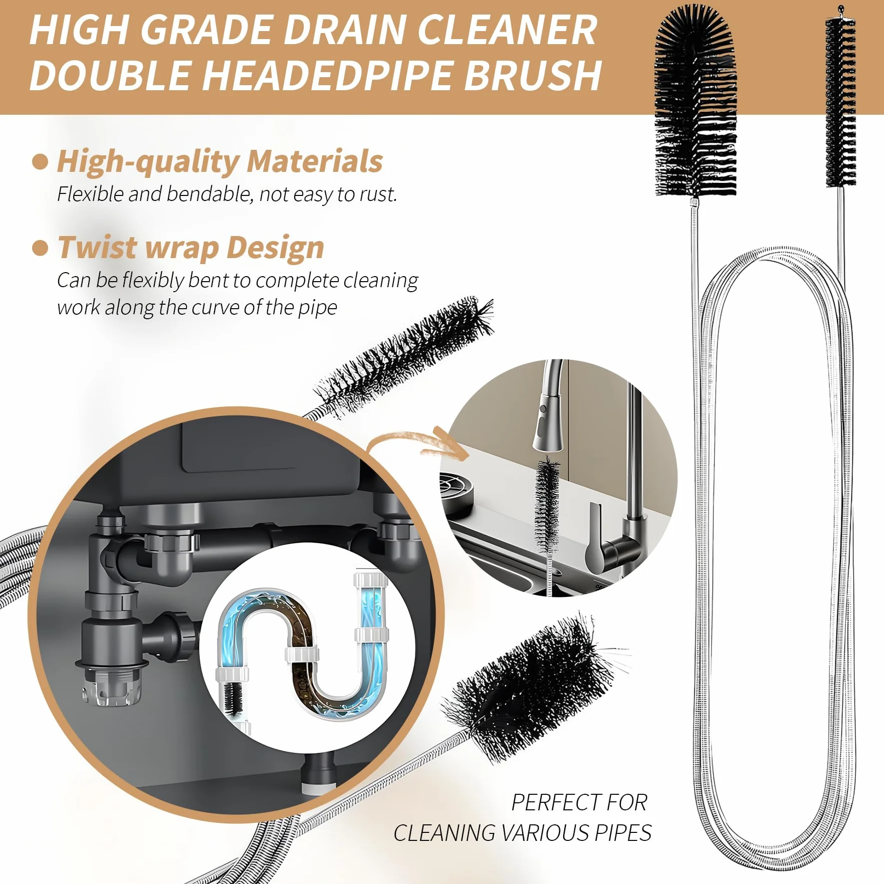 Stura Lavandini e Scarichi, Flessibile Forte Sbloccatore di Scarico, Spazzole Pulizia Professionali, Riutilizzabile Spazzola Pulizia Tubi,per Cucine Vasche Bagno Servizi Igienici Fognature (6 IN 1)