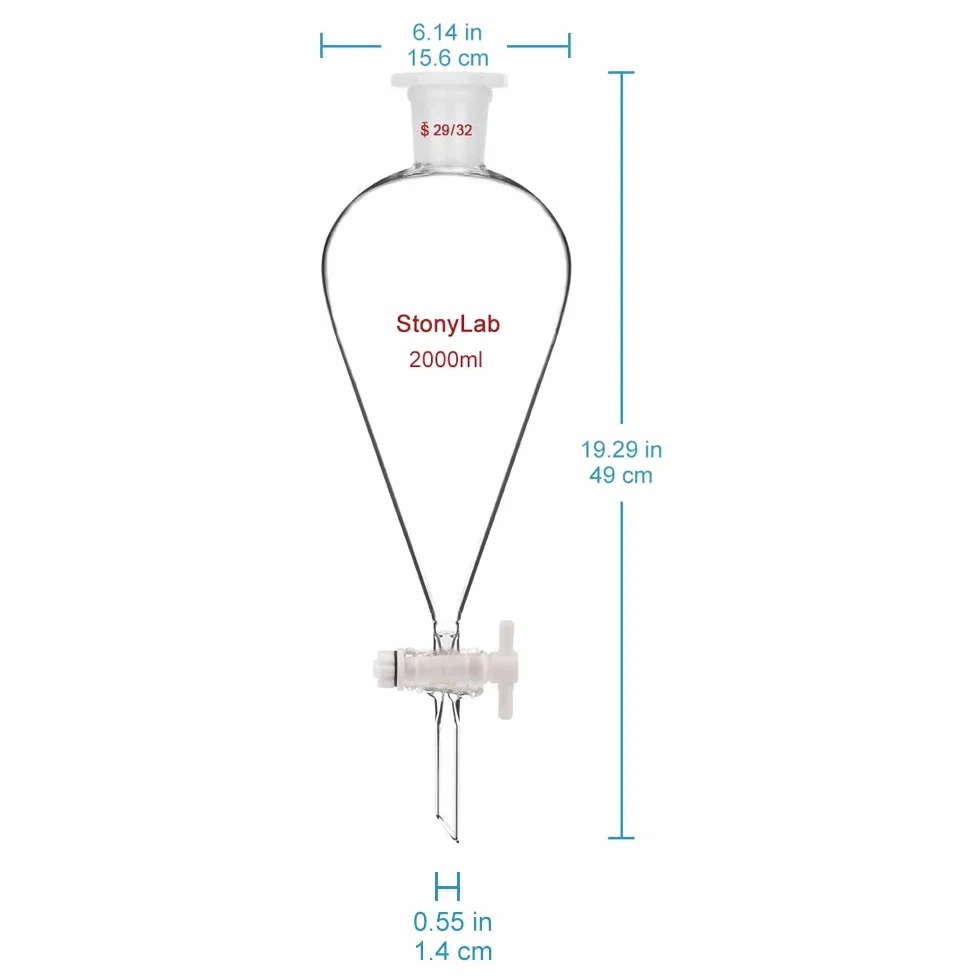 stonylab Imbuto Separatore Conico in Vetro Borosilicato Pesante con Giunti 29/32 e Rubinetto di Chiusura in PTFE Conical Separatory Funnel, 2000 ml