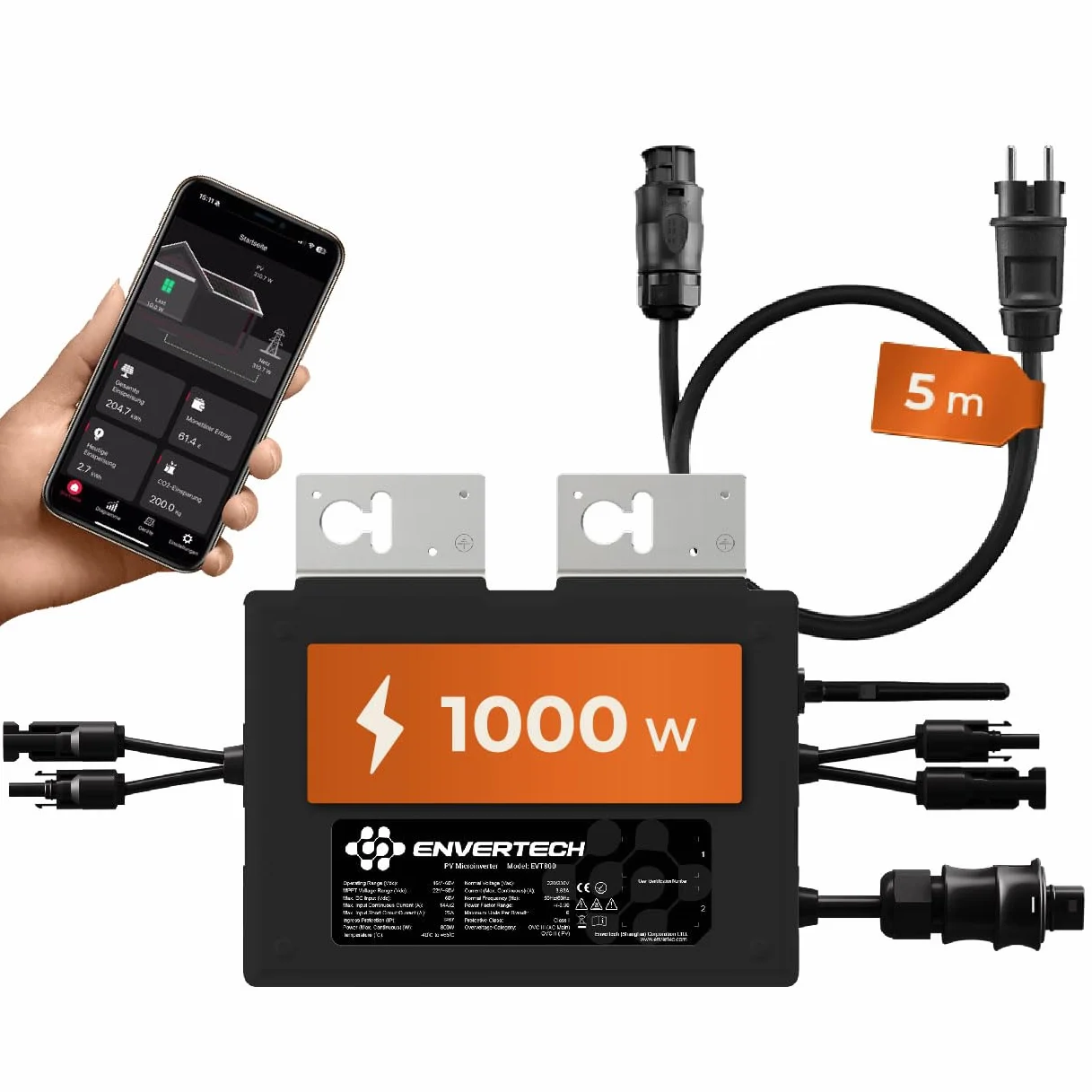 Envertech EVT-1000-B Microinverter 800 W Solare Eolico con App WiFi Black Case