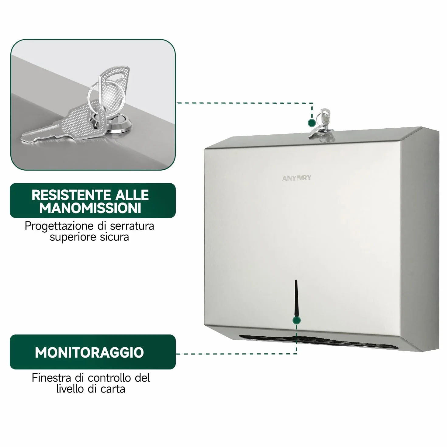 anydry Dispensatore di salviette di carta a montaggio murario 250 fogli acciaio inox satinato bloccabile multifold Z-fold