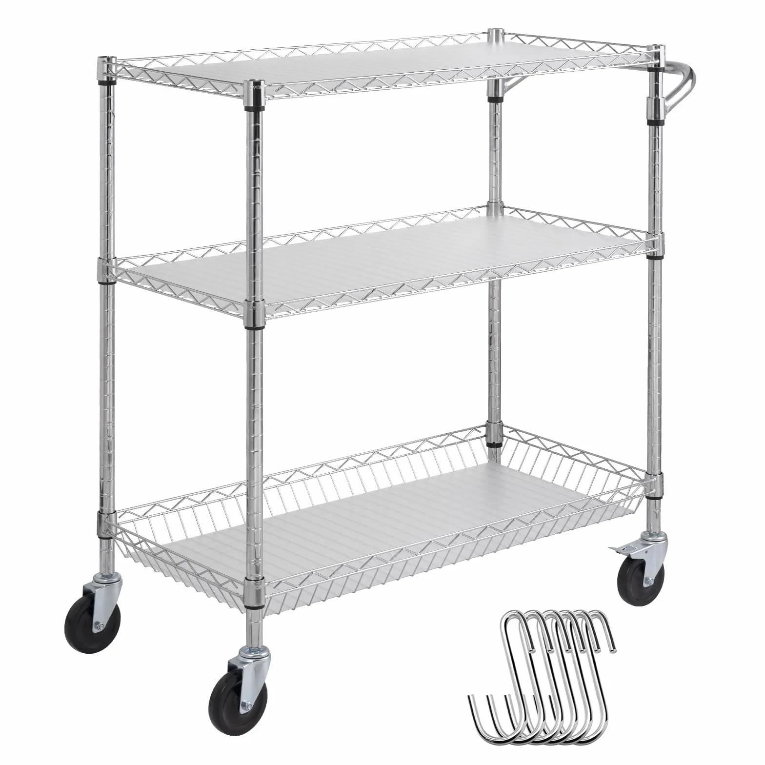 VEVOR Carrello da Cucina, 3 Livelli Carrello da Laboratorio con capacità di 300 kg, Carrello di Servizio Telaio Cromato, Carrello Portaoggetti, Carrello di Trasporto 6 Ganci, per Uso Interno Esterno