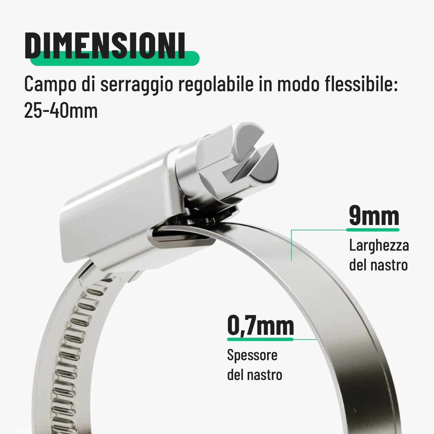 Fascette stringitubo acciaio inox 25-40 mm regolabile larghezza banda 9 mm