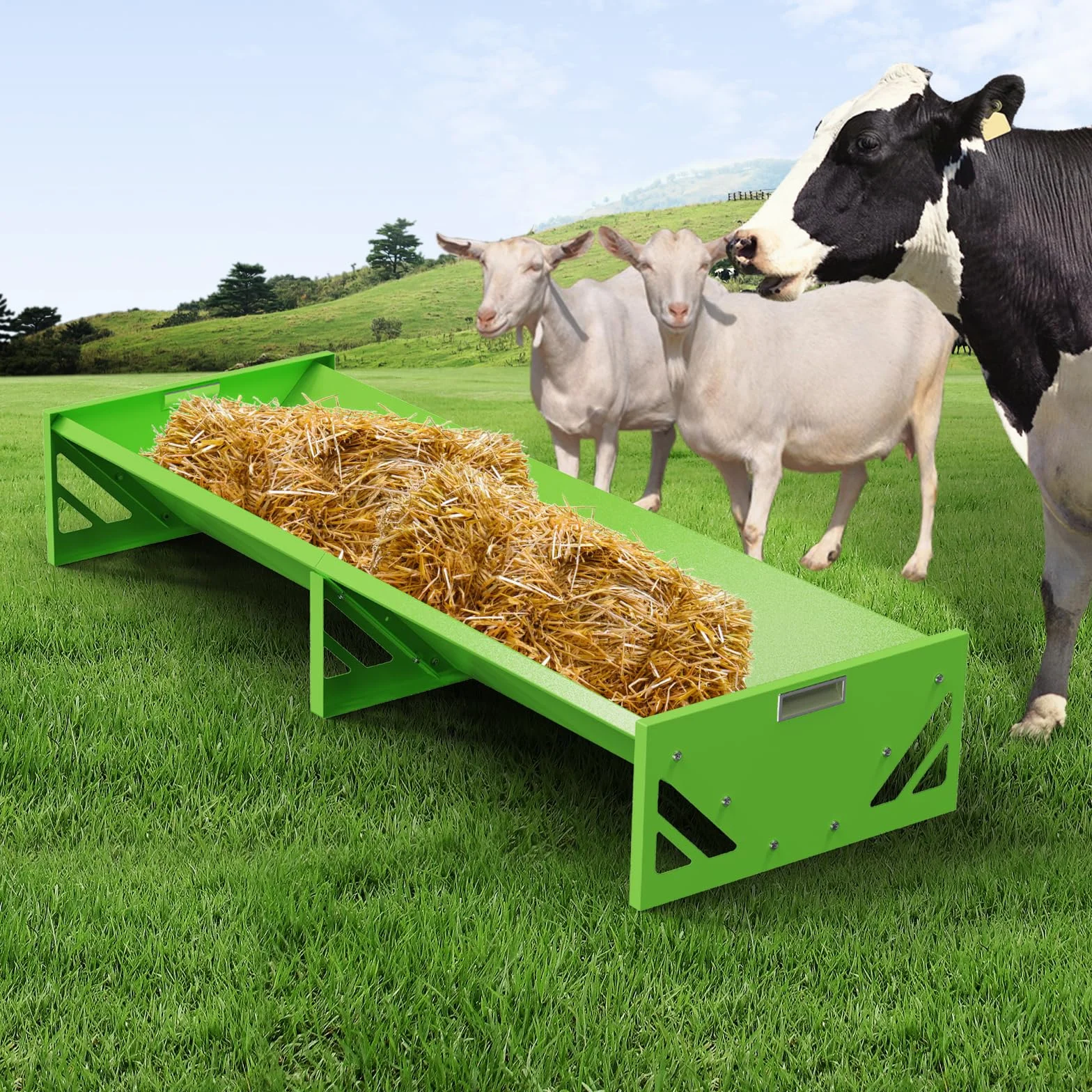 Svauouumu Goat Feeder, Acciaio Galvanizzato Livestock Alimentazione Trough Heavy Duty Grande Capacità Portatile Livestock Feeder per Aziende Agricole Alpacas Capre, vitelli, pecore, cavalli (verde)