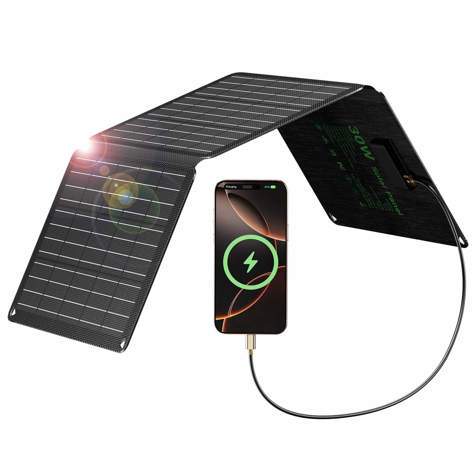 Pannello solare pieghevole da 30 W, con 3 porte (USB-C + USB-A+DC), IP67, impermeabile e portatile, pannello solare per cellulare, pannello solare all'aperto, caricatore da campeggio per