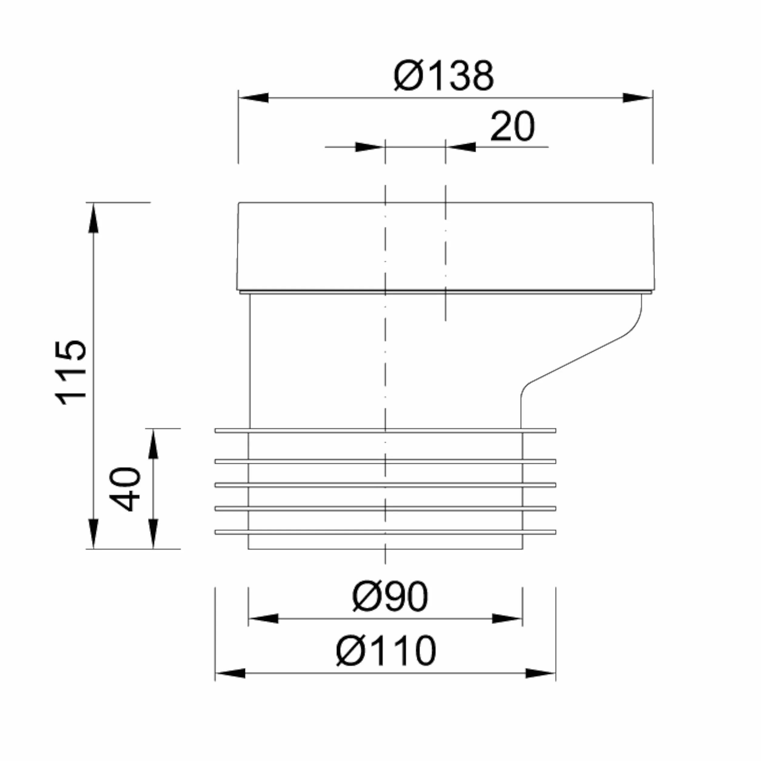 WC Anschlussstutzen Ø 110 mm Versatz 20 mm